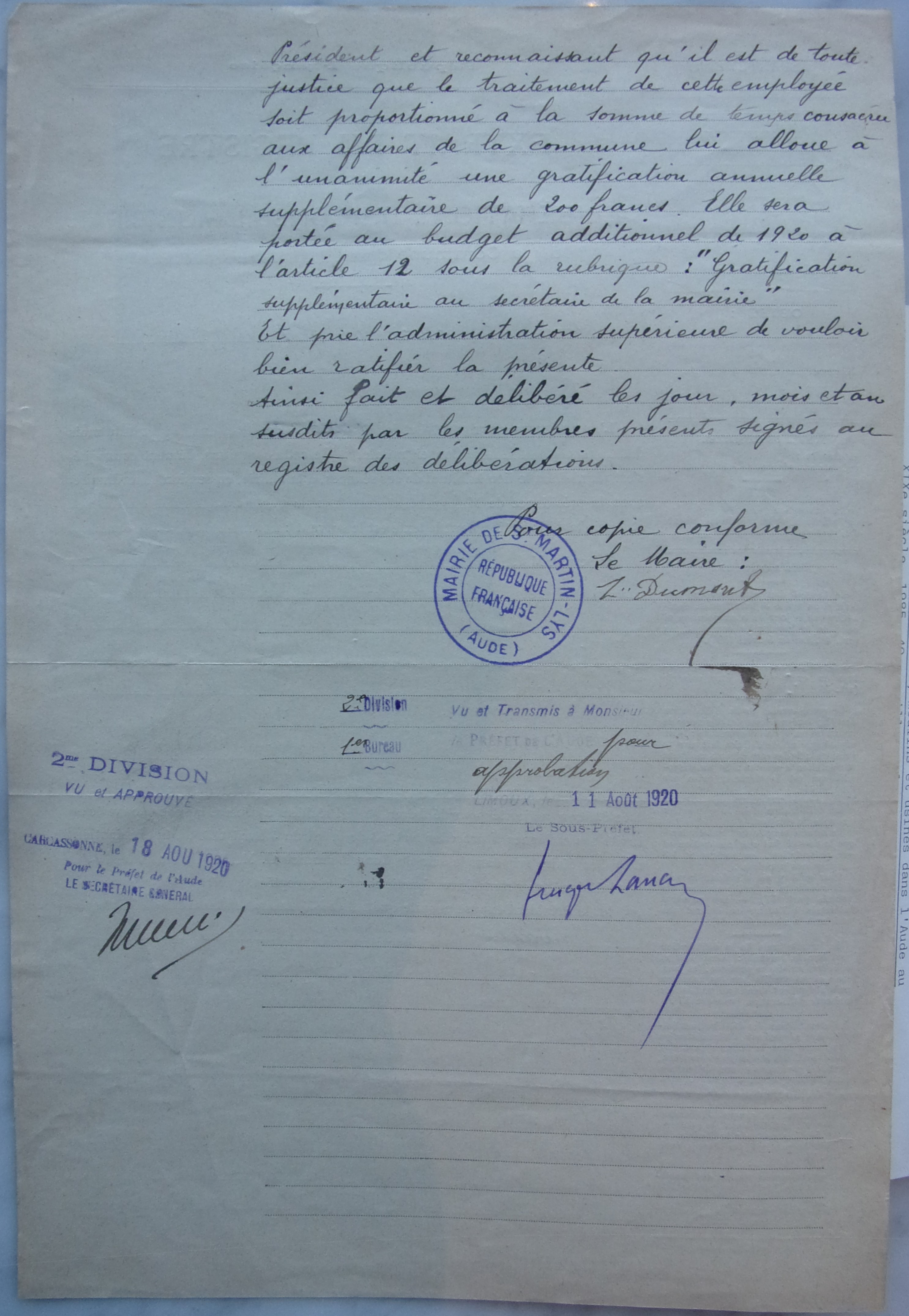 19200619 délibération du conseil municipal - gratification annuelle supplémentaire au secrétaire de mairie -verso