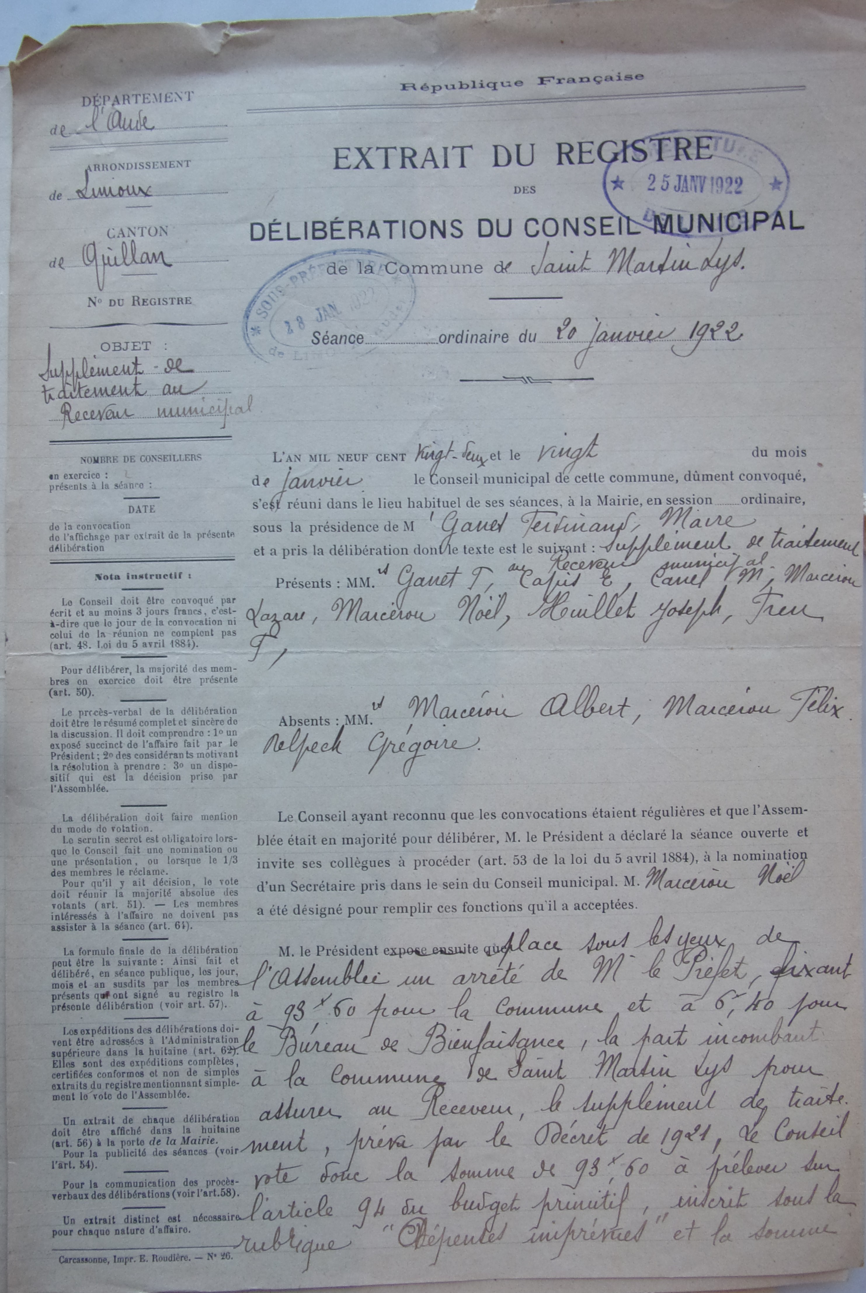 19220120 délibération conseil supplément de traitement au receveur municipal p1