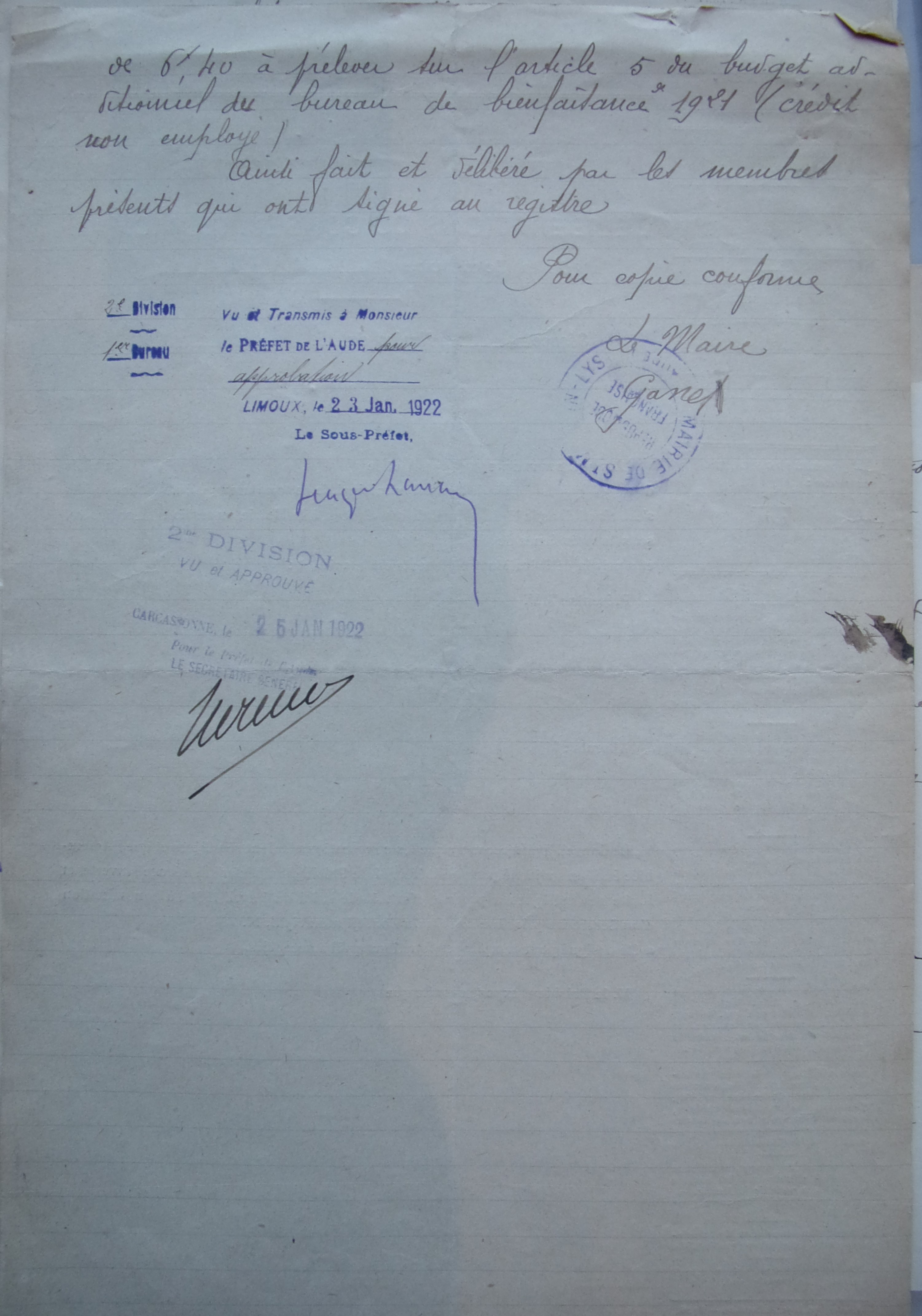 19220120 délibération conseil supplément de traitement au receveur municipal p2