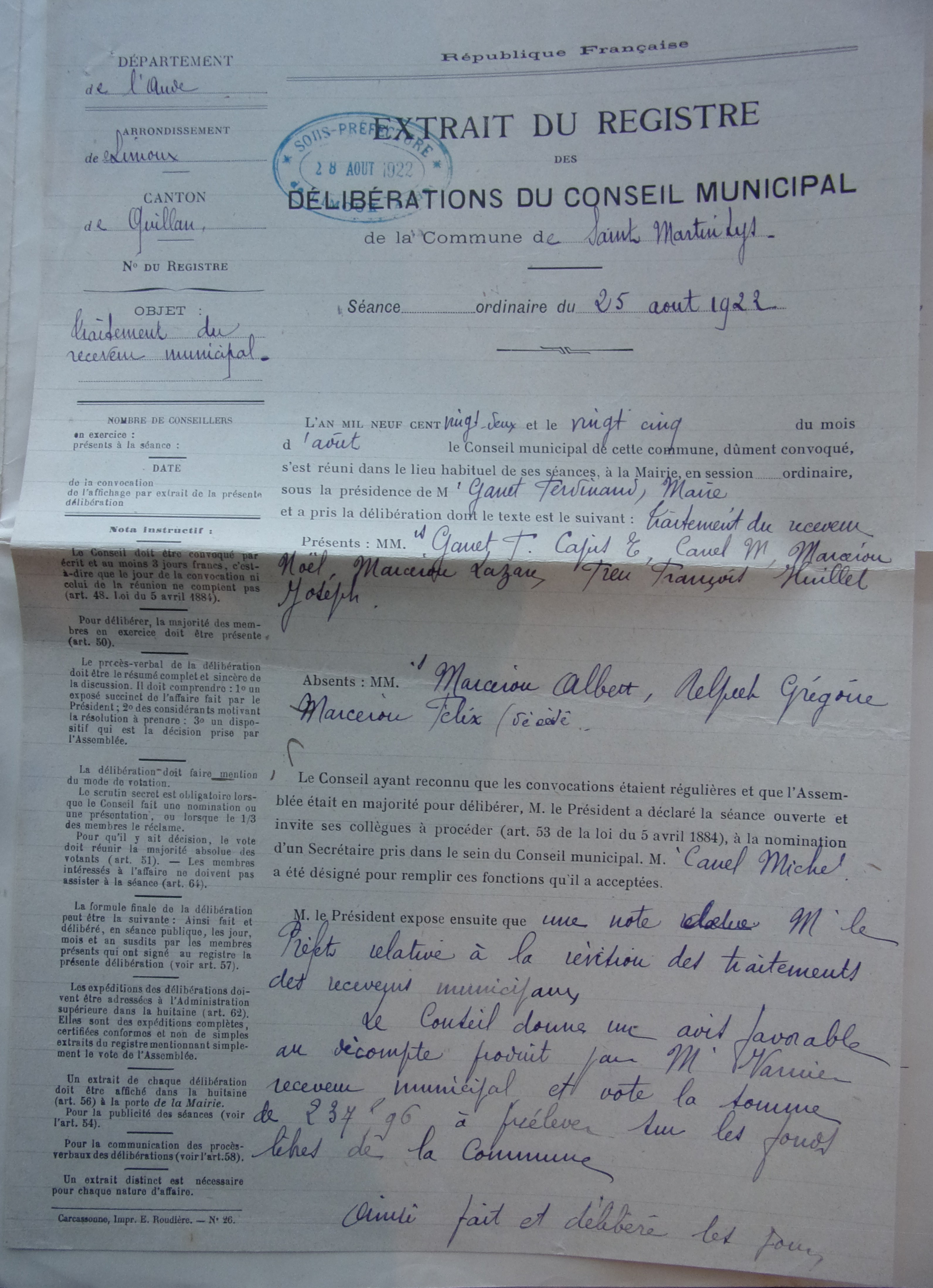 19220825 délibération conseil traitement du receveur municipal p1