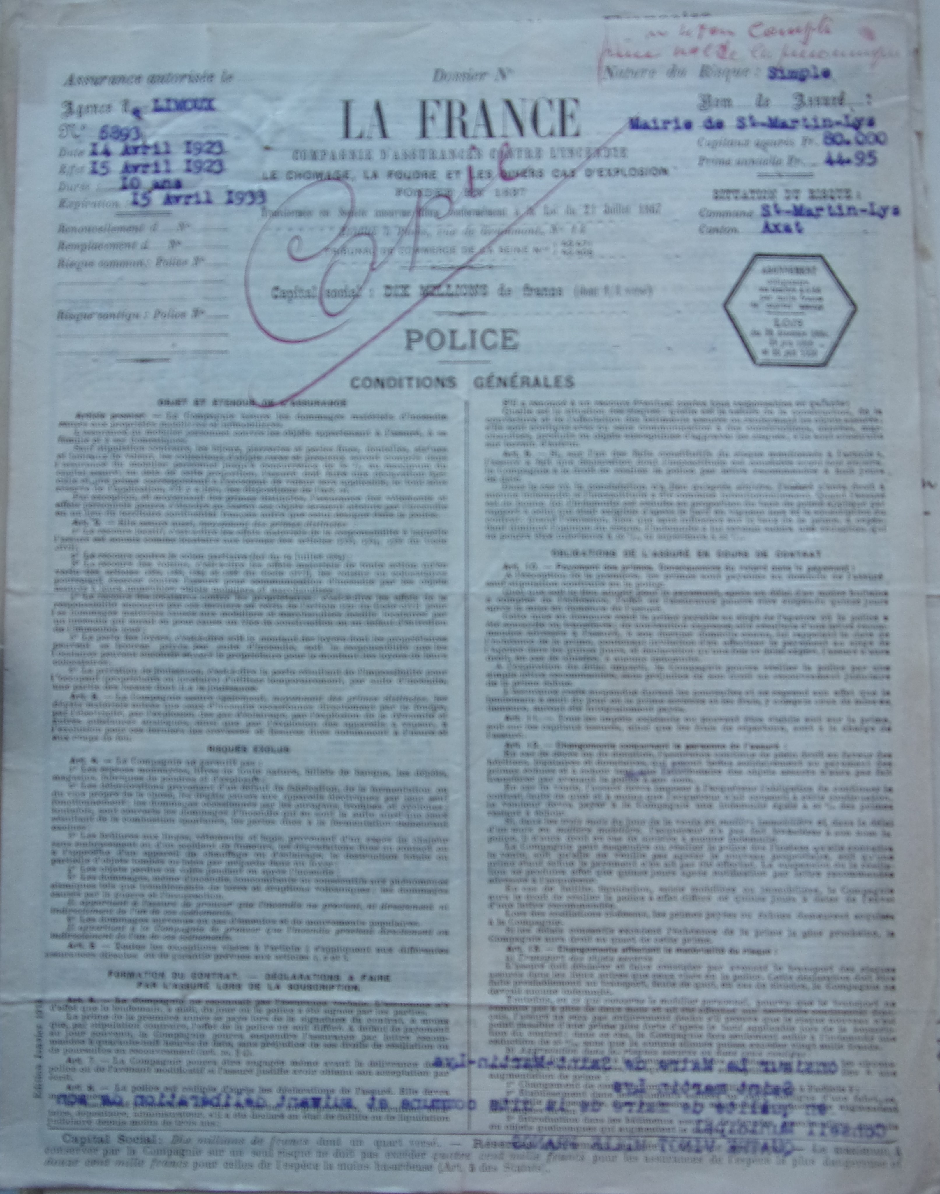 19230414 Contrat d'assurance LA FRANCE école, église, mairie, bureau de bienfaisance , mobilier p1