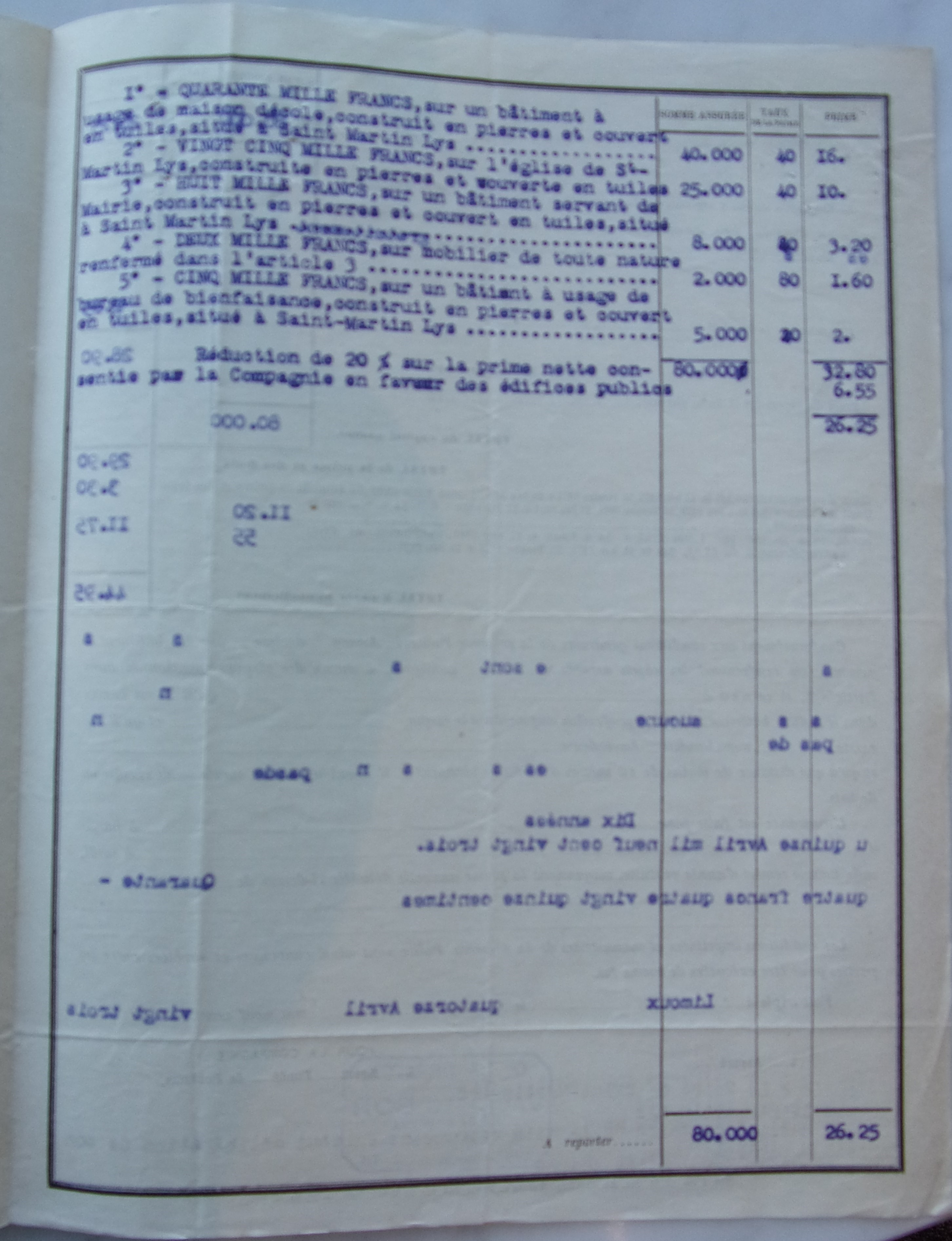 19230414 Contrat d'assurance LA FRANCE école, église, mairie, bureau de bienfaisance , mobilier p3