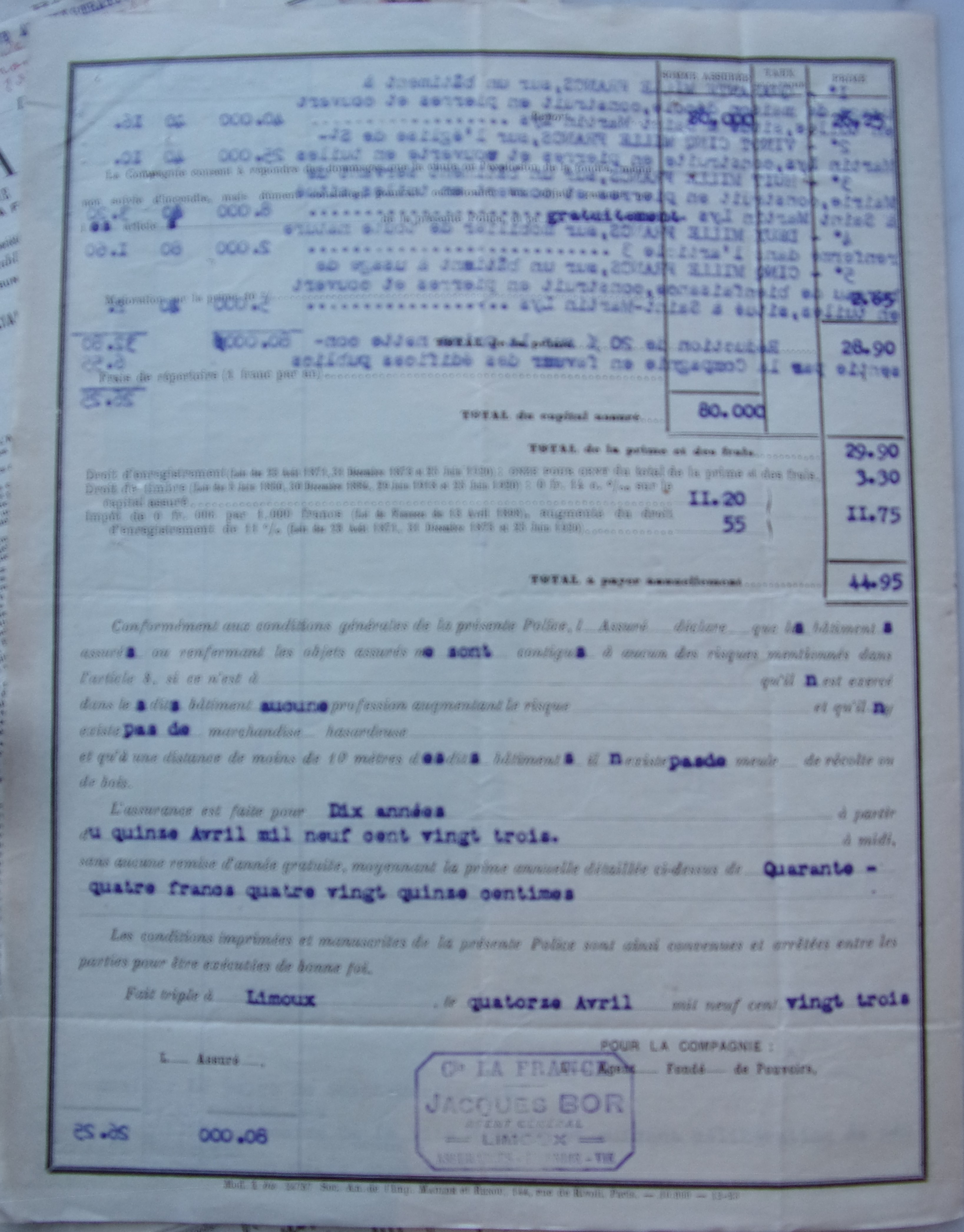 19230414 Contrat d'assurance LA FRANCE école, église, mairie, bureau de bienfaisance , mobilier p4
