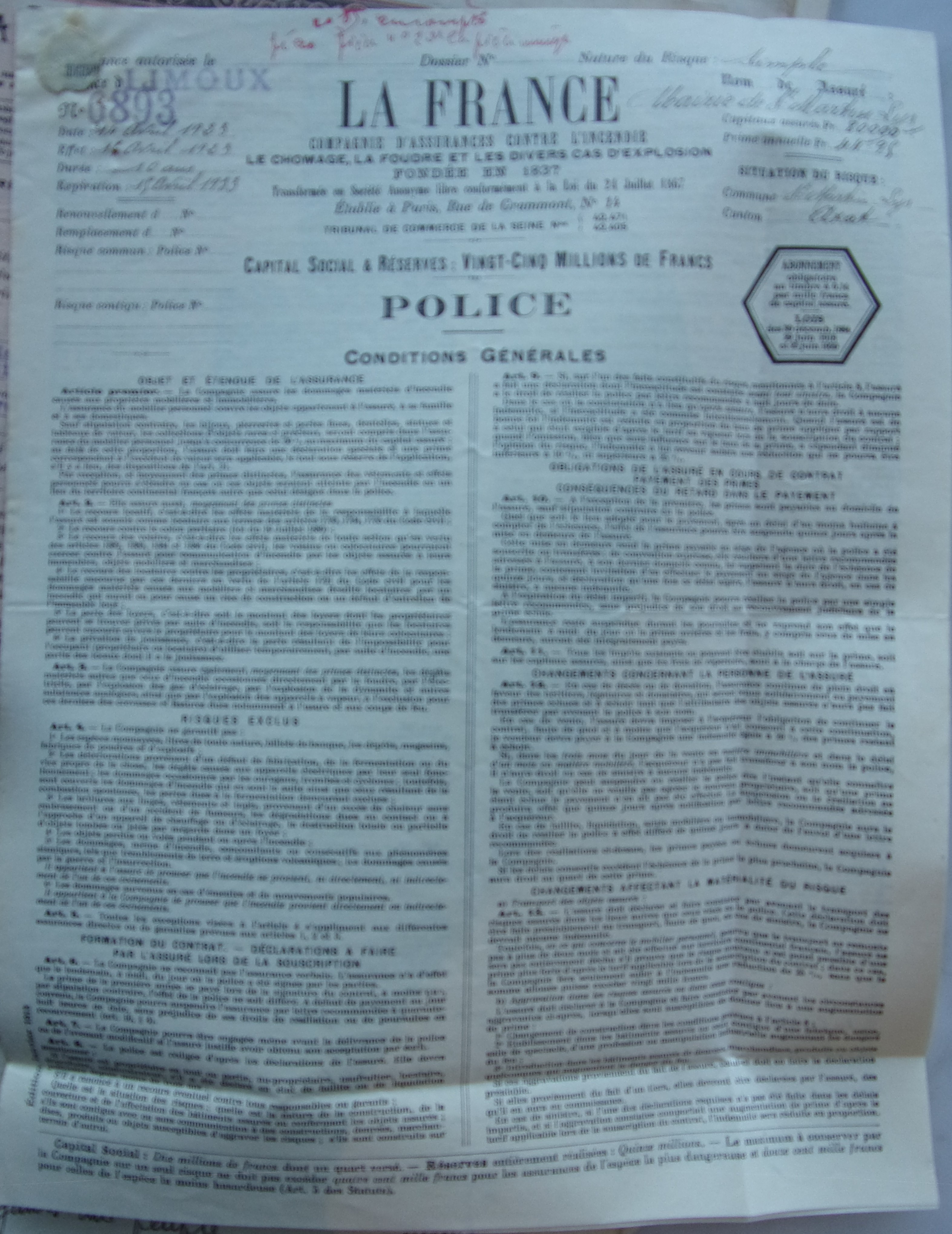 19230414 Copie Contrat d'assurance LA FRANCE école, église, mairie, bureau de bienfaisance , mobilier p1