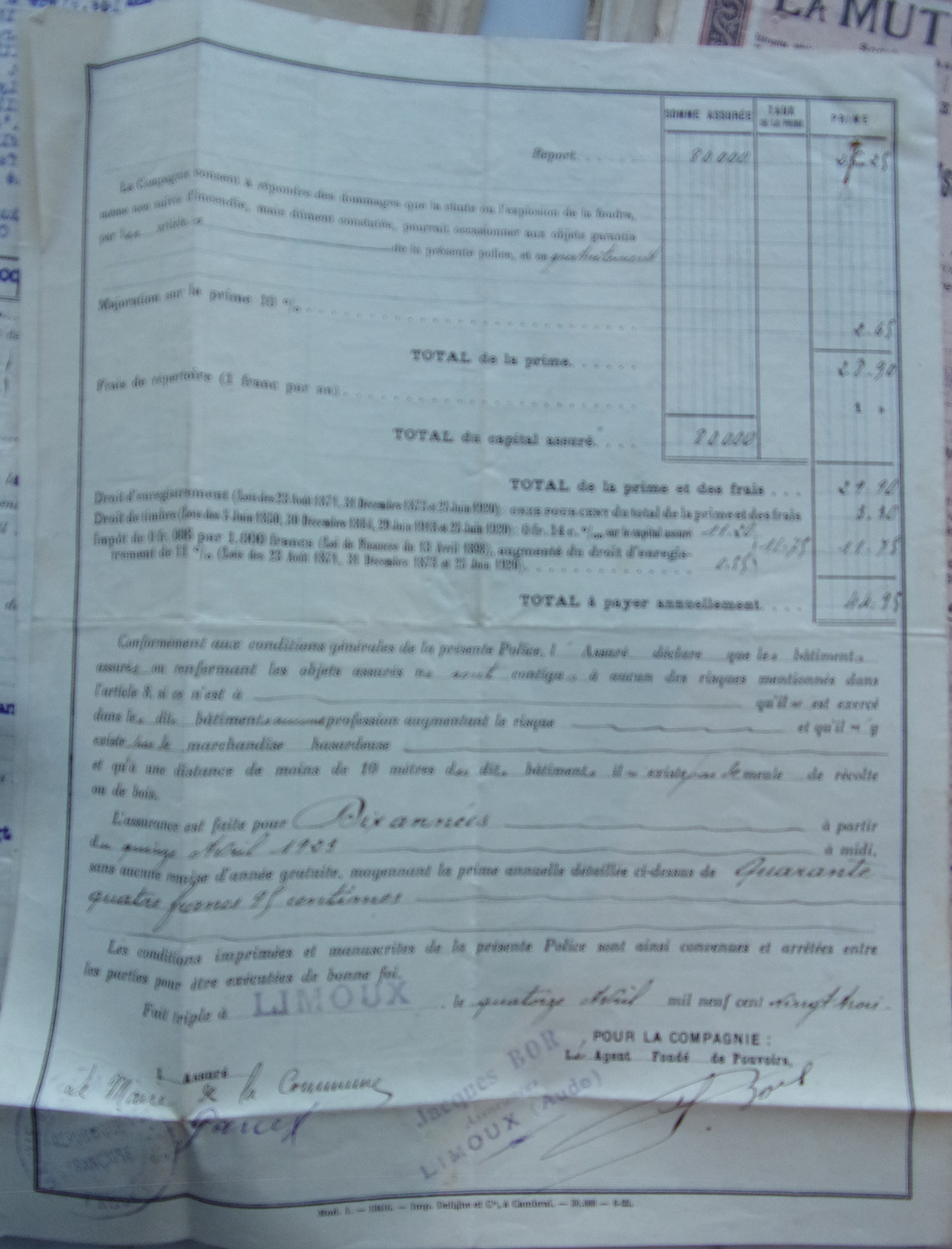 19230414 Copie Contrat d'assurance LA FRANCE école, église, mairie, bureau de bienfaisance , mobilier p4