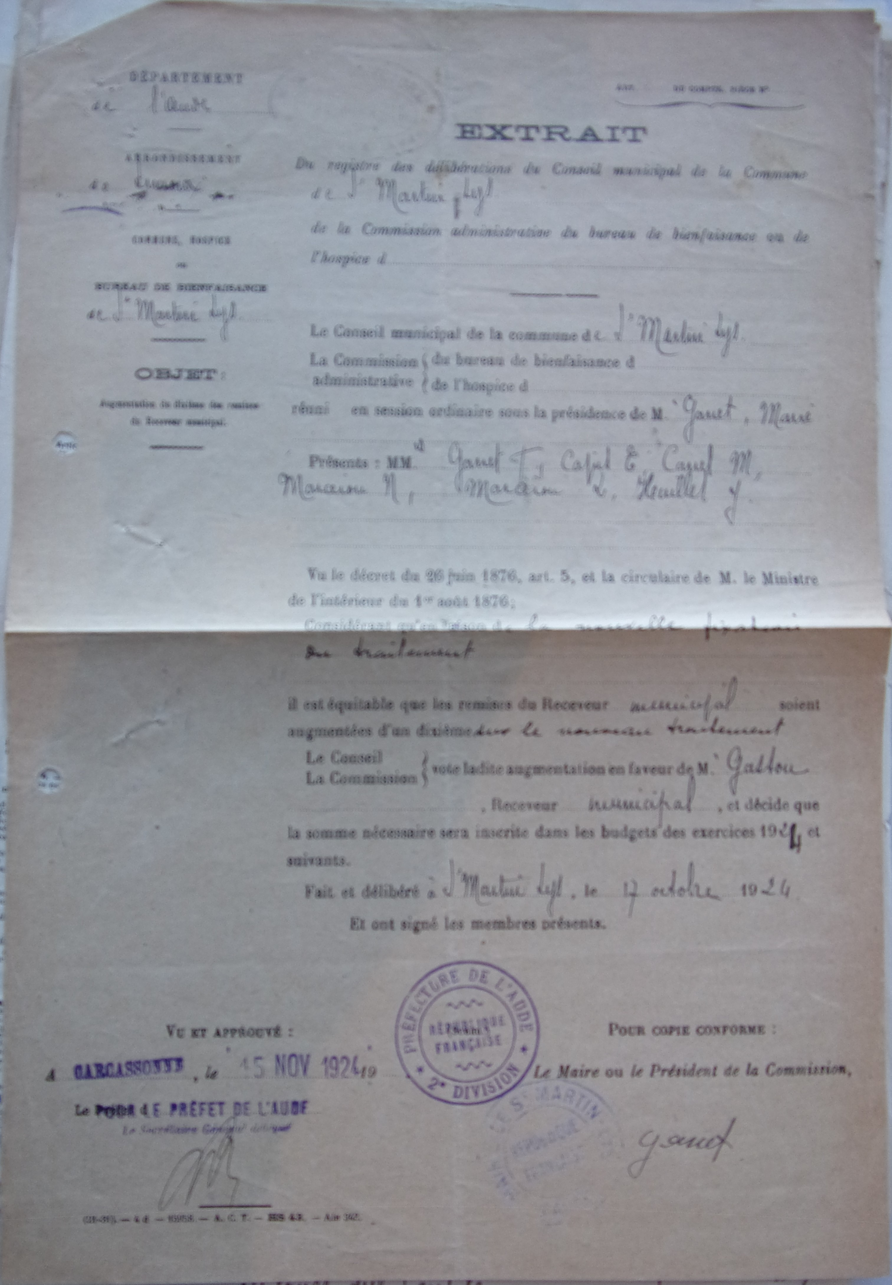 19241017 délibération conseil Augmentation des remises du Receveur municipal
