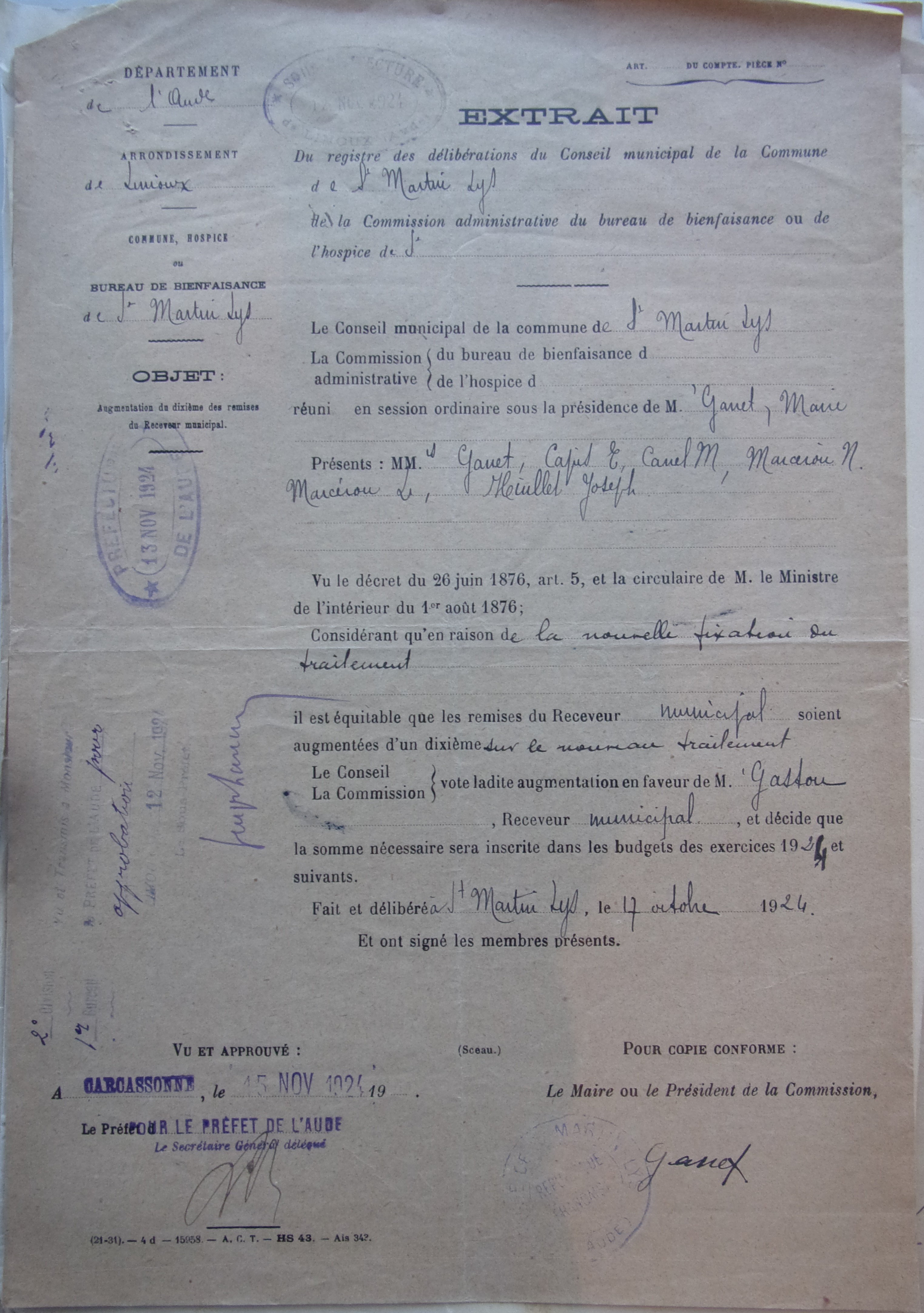 19241017 délibération conseil Augmentation des remises du Receveur municipal p1