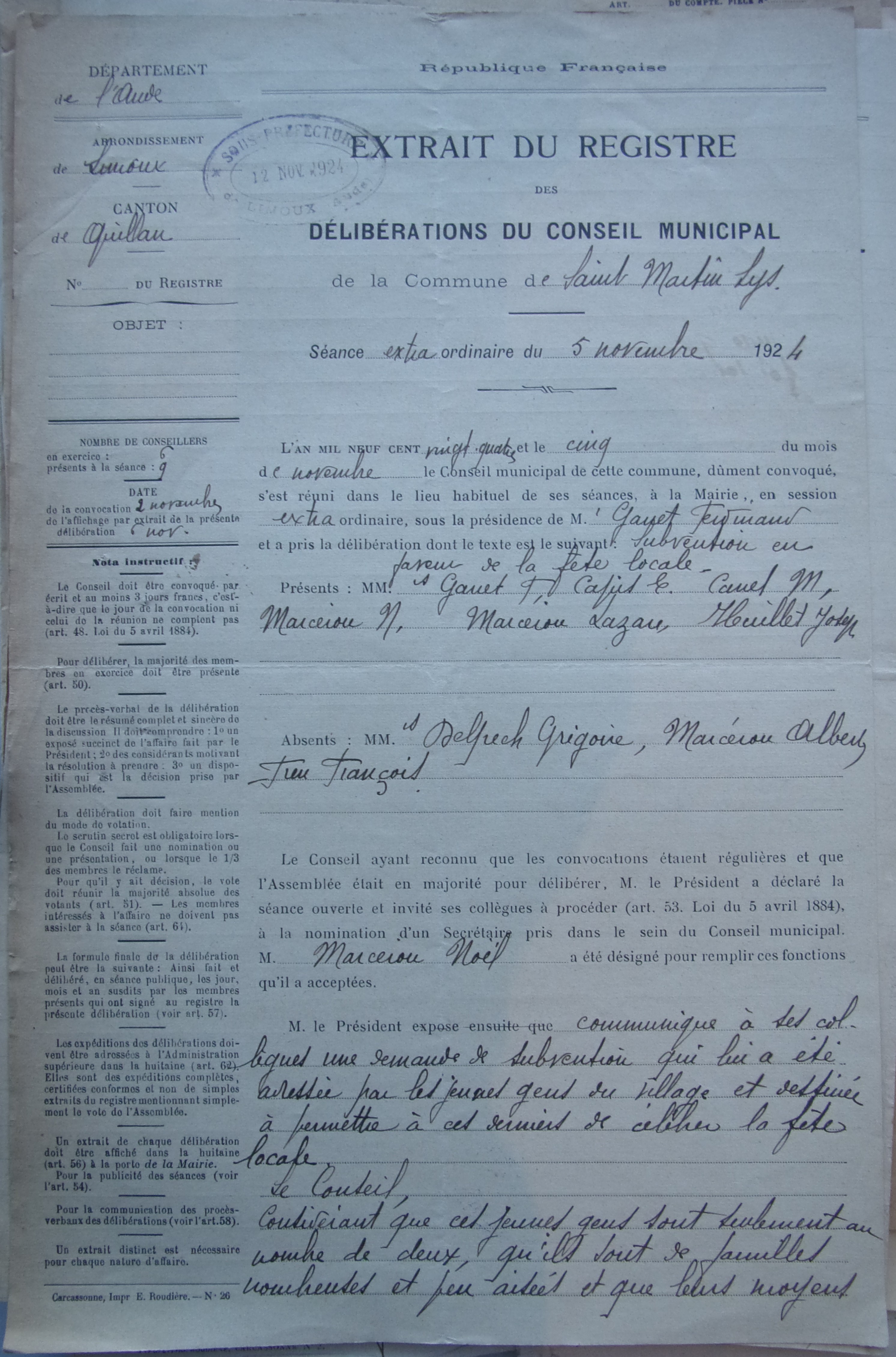 19241105 délibération conseil Subvention pour la fête locale p1