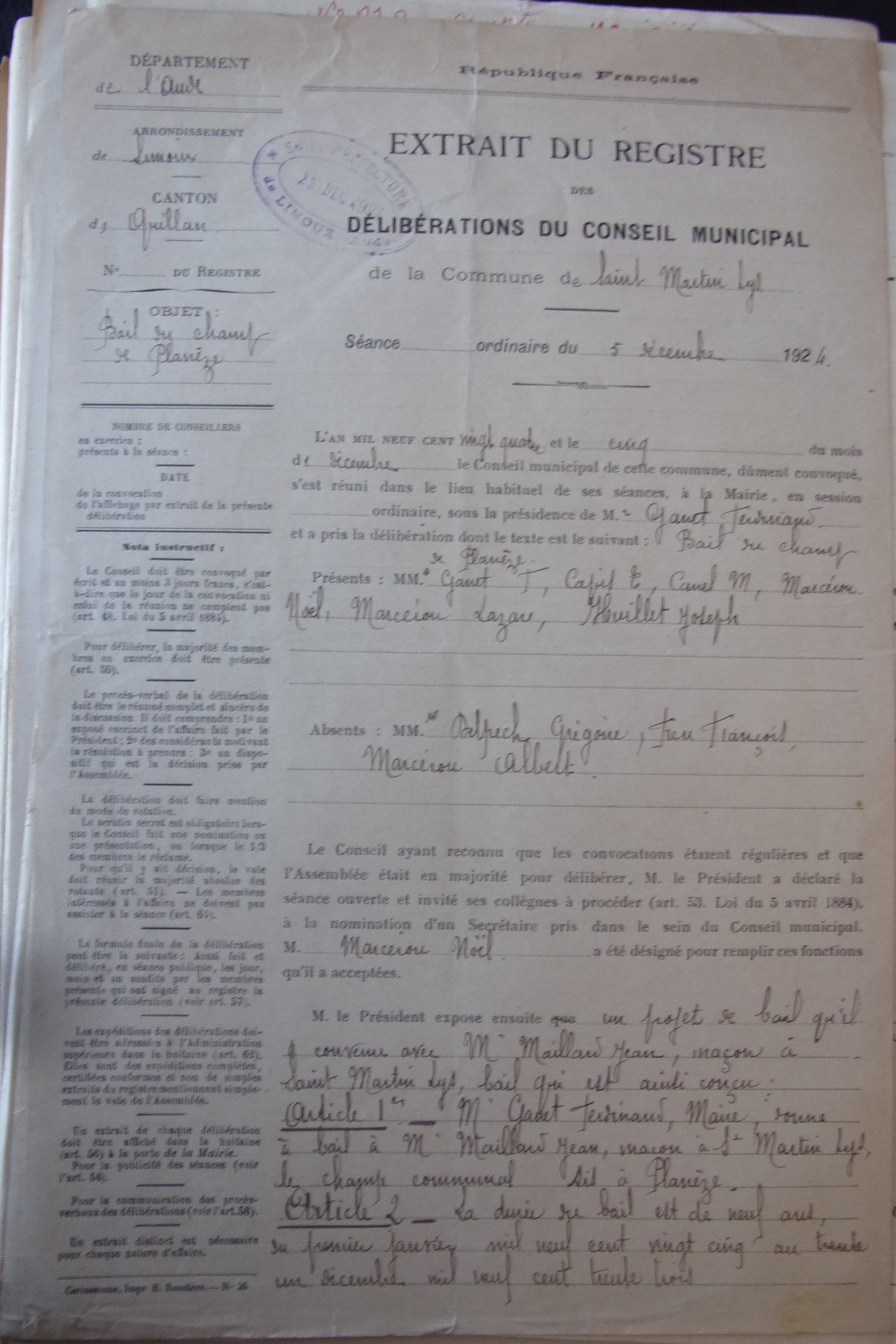 19241205 délibération conseil Bail du champ de planèze p1