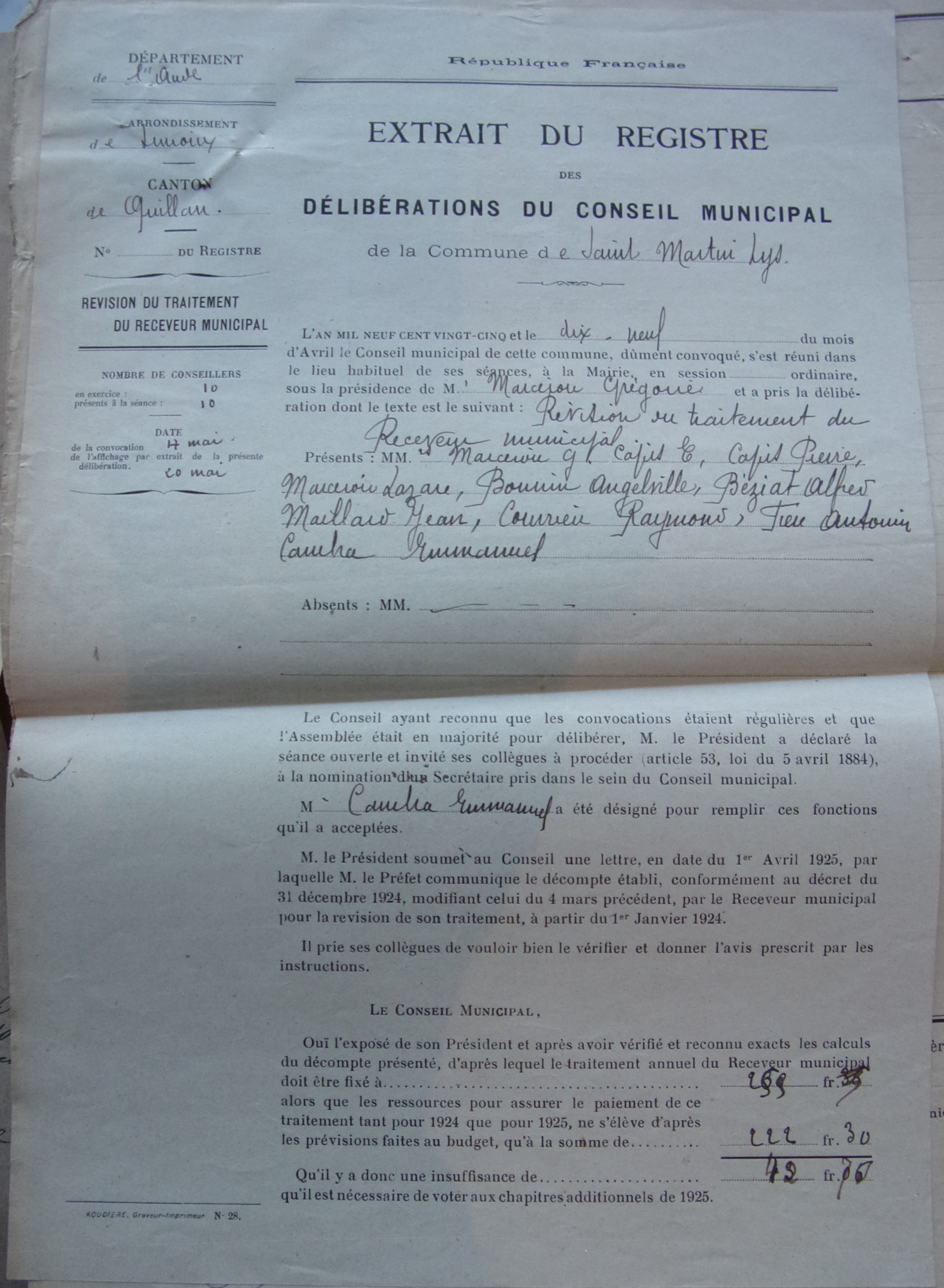 19250419 délibération conseil Validation du décompte du receveur communal p1