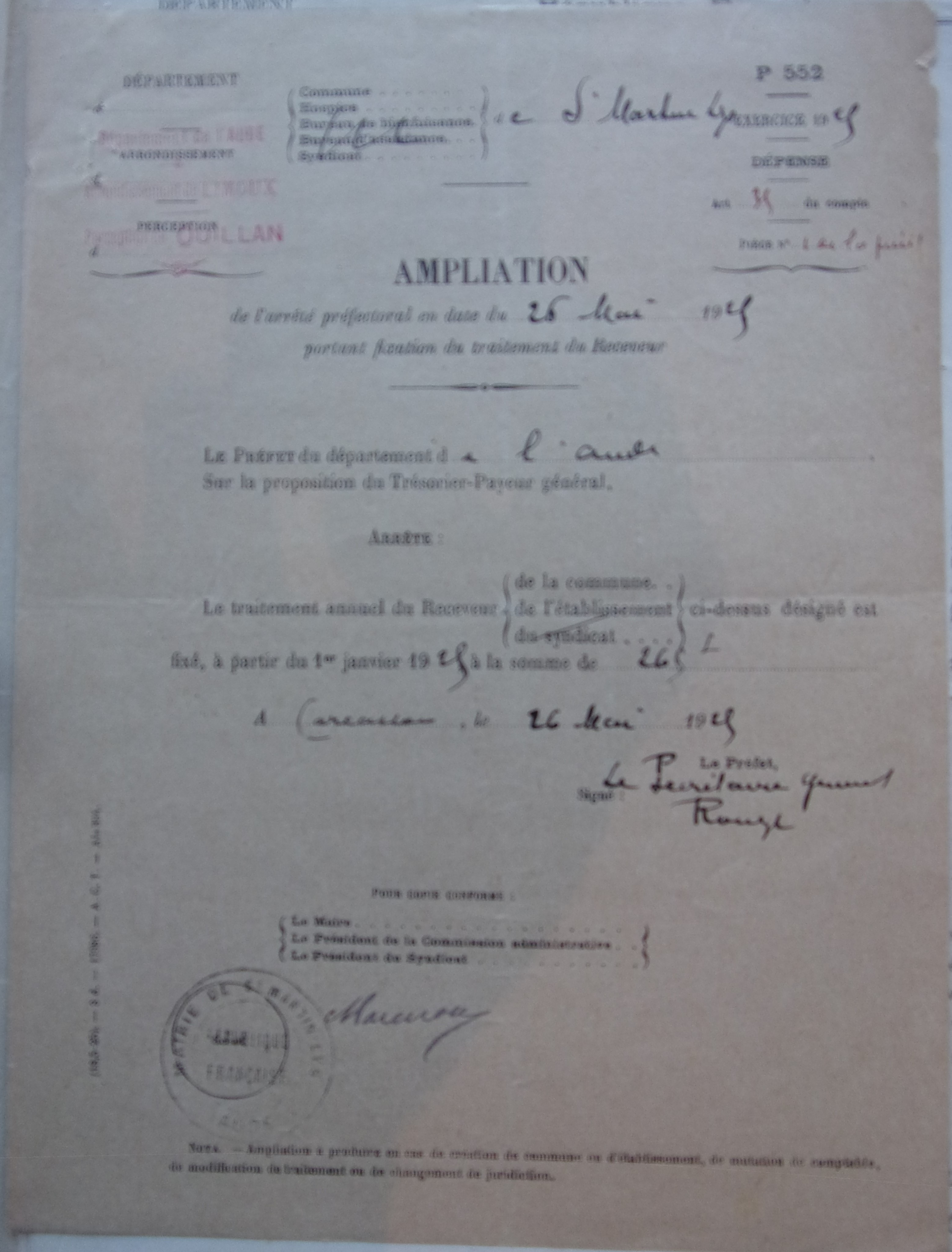 19250526 Arrêté préfectoral Fixation du traitement du receveur municipal