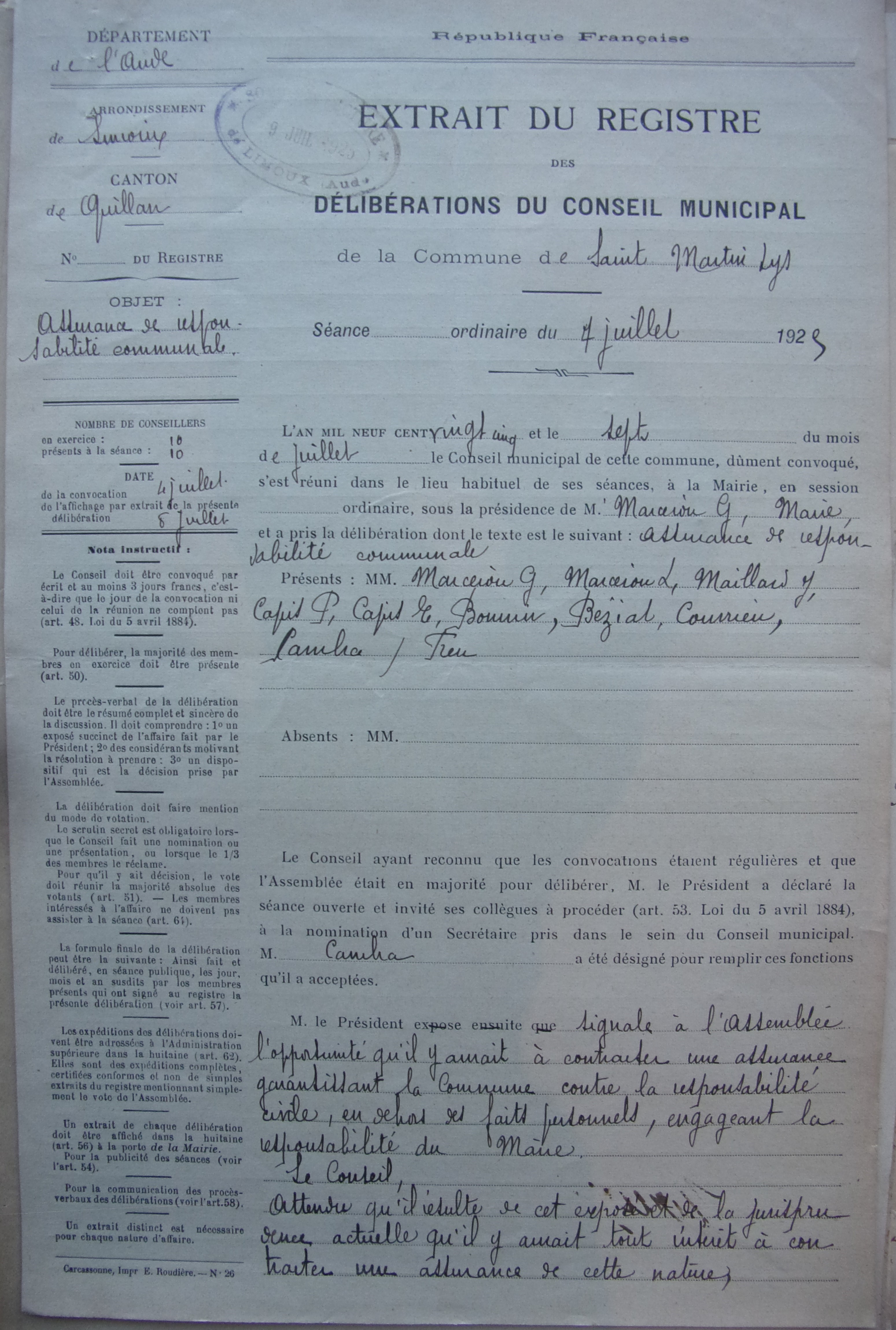 19250707 délibération conseil Assurance de responsabilité communale p1