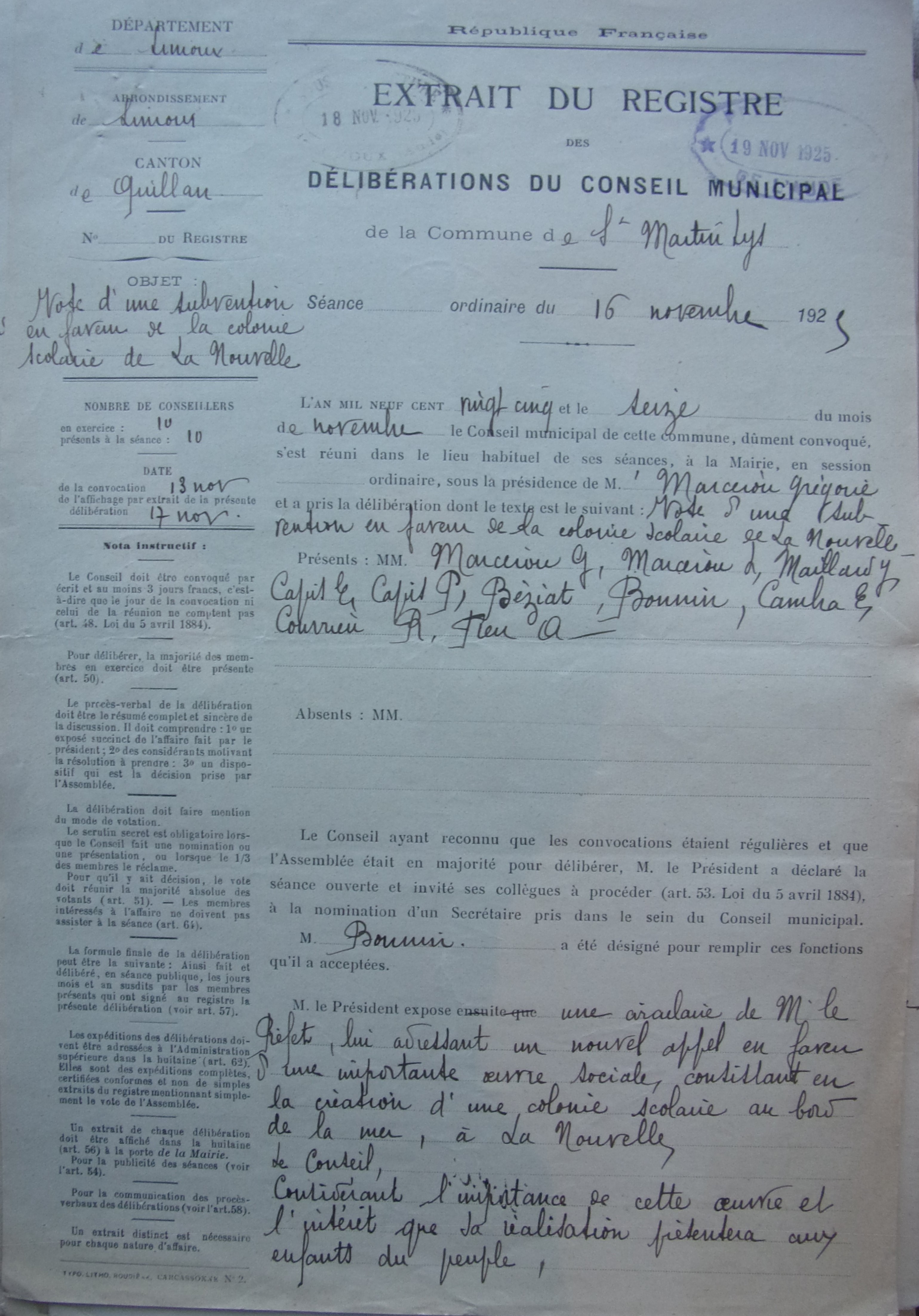 19251116 délibération conseil Vote d'une subvention en faveur de la colonie scolaire de La Nouvelle p1