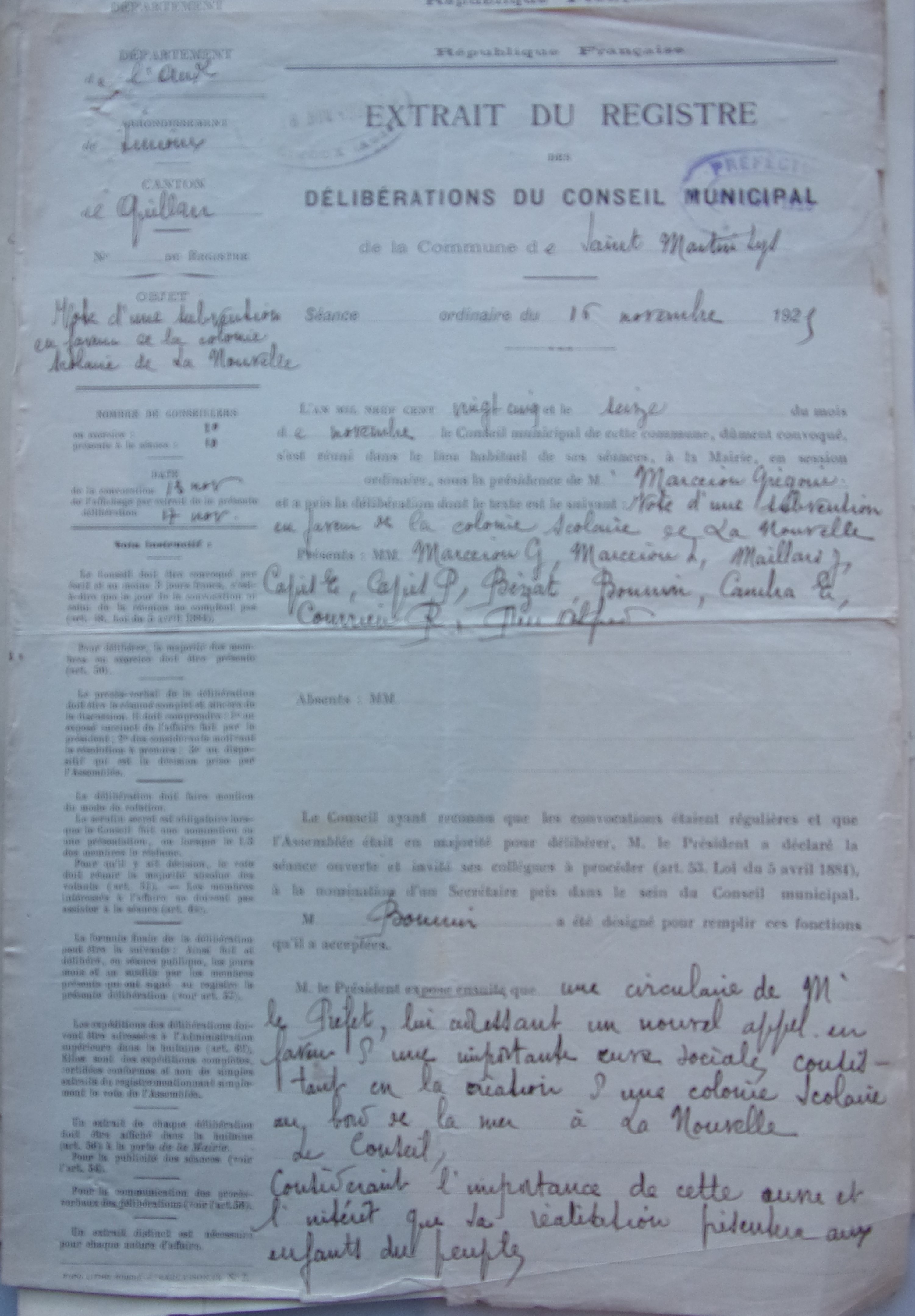 19251116 délibération conseil Vote d'une subvention en faveur de la colonie scolaire de La Nouvelle pd1