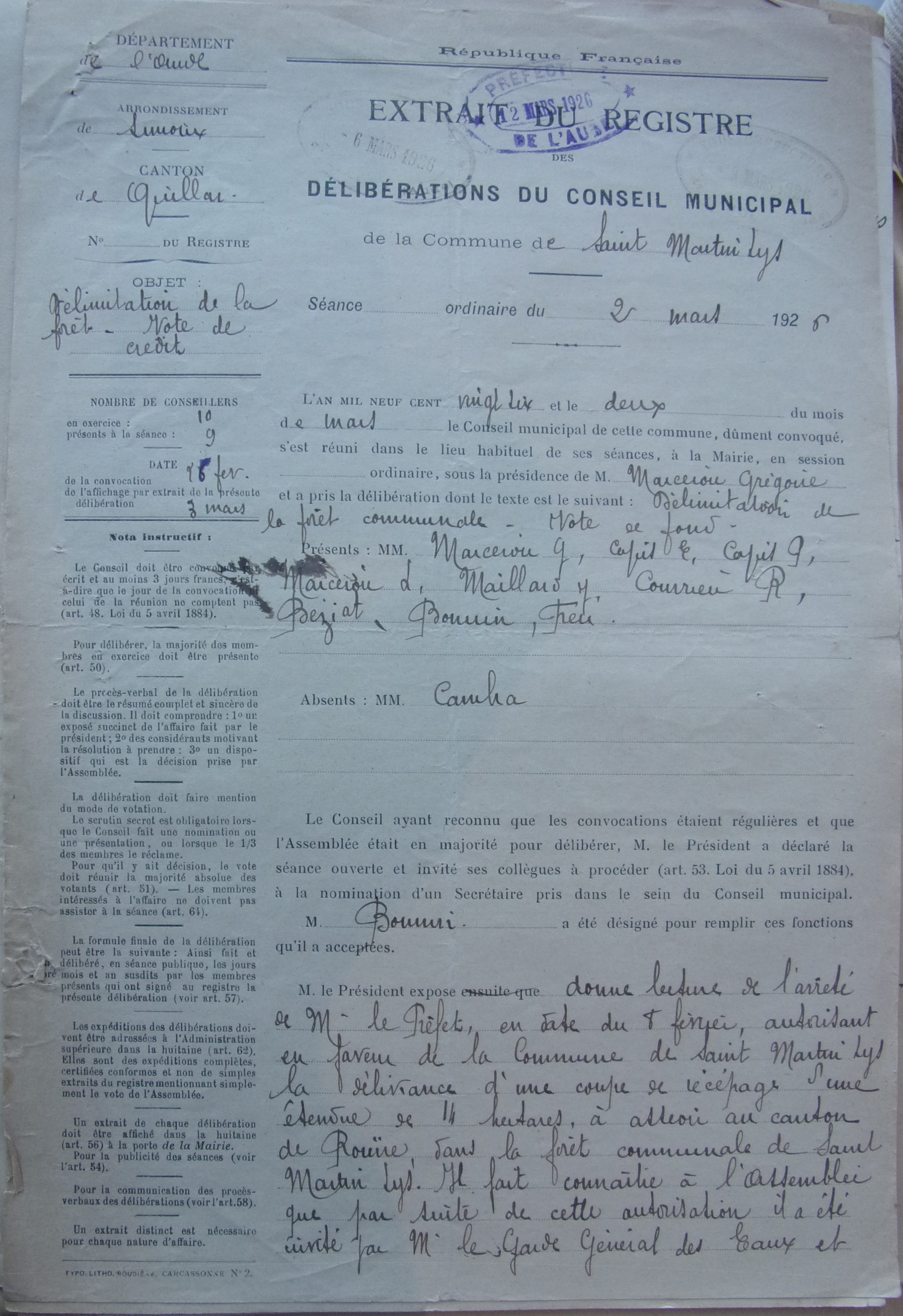 19260302 délibération conseil Délimitation de la forêt - vote de crédit p1