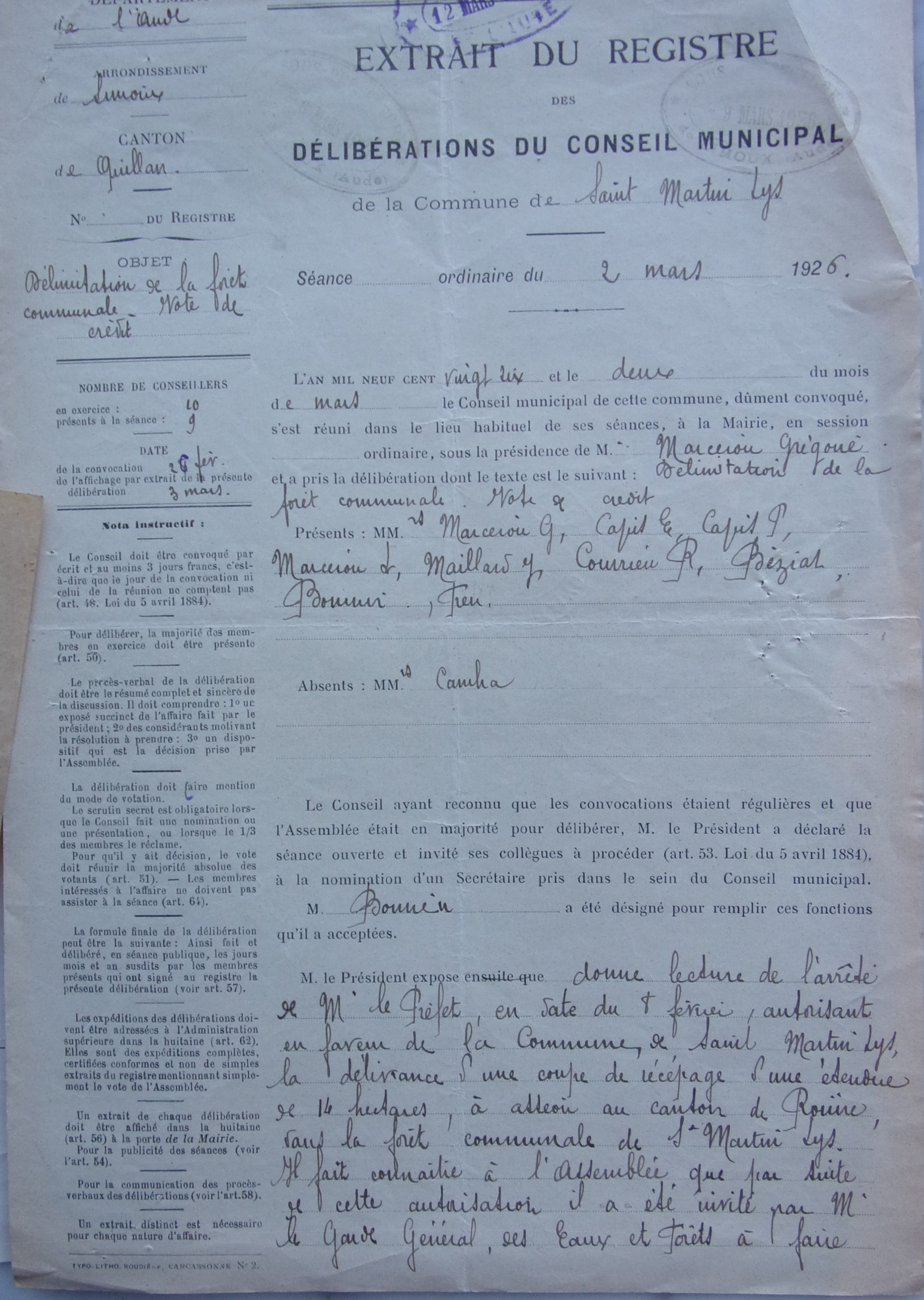19260302 délibération conseil Délimitation de la forêt communales Vote de crédit p1