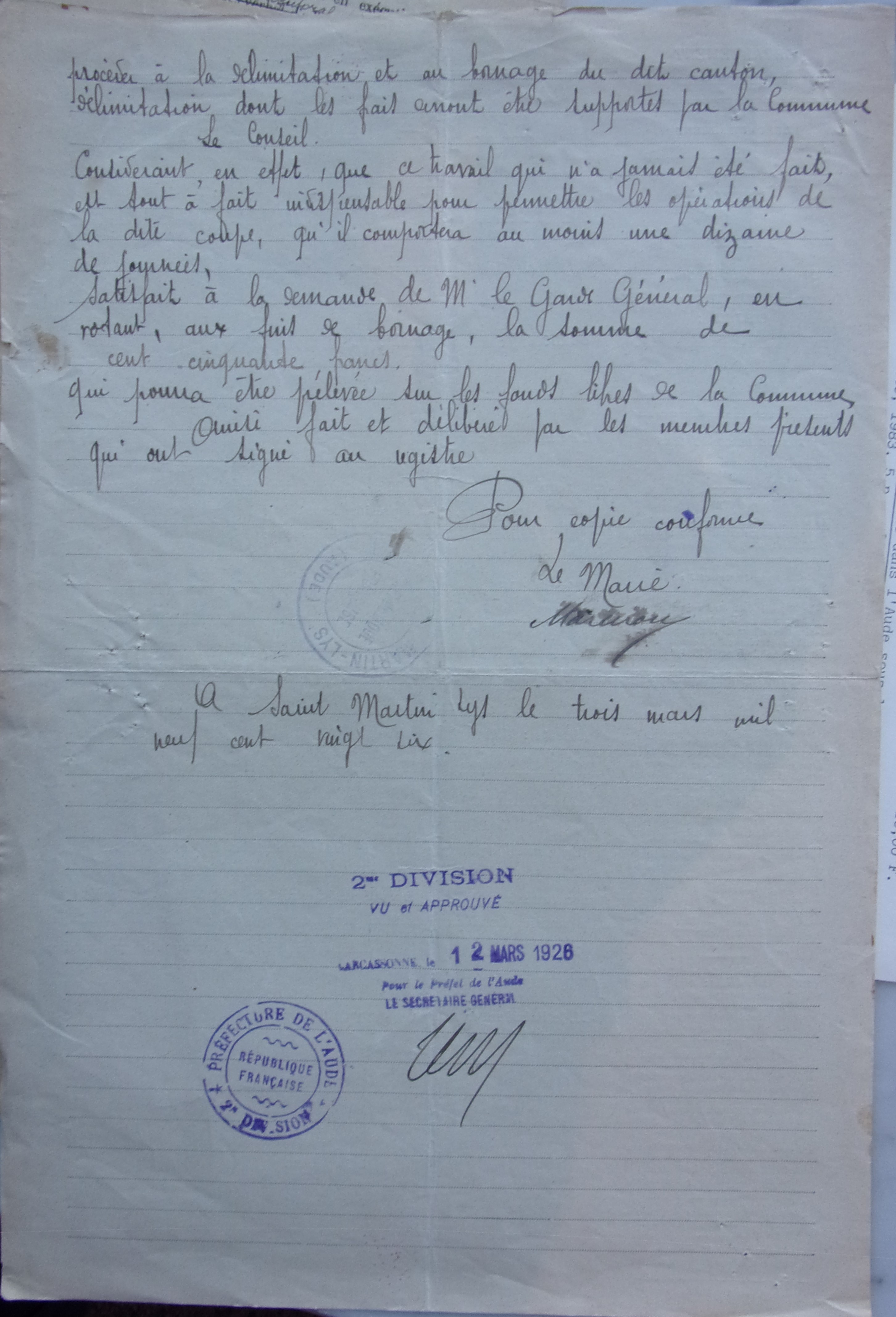 19260302 délibération conseil Délimitation de la forêt communales Vote de crédit p2