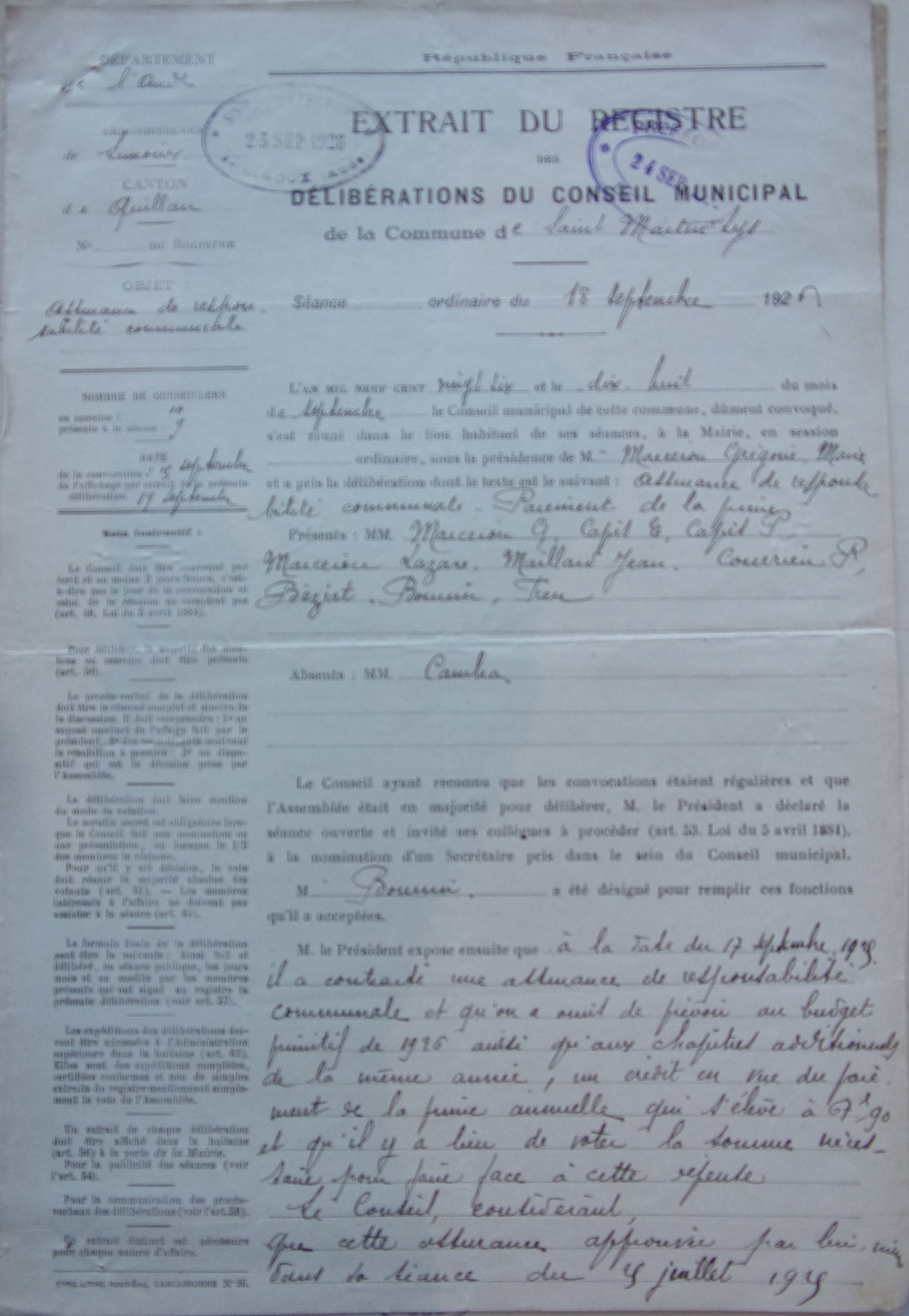 19260918 délibération conseil Assurance de responsabilité communale pd1