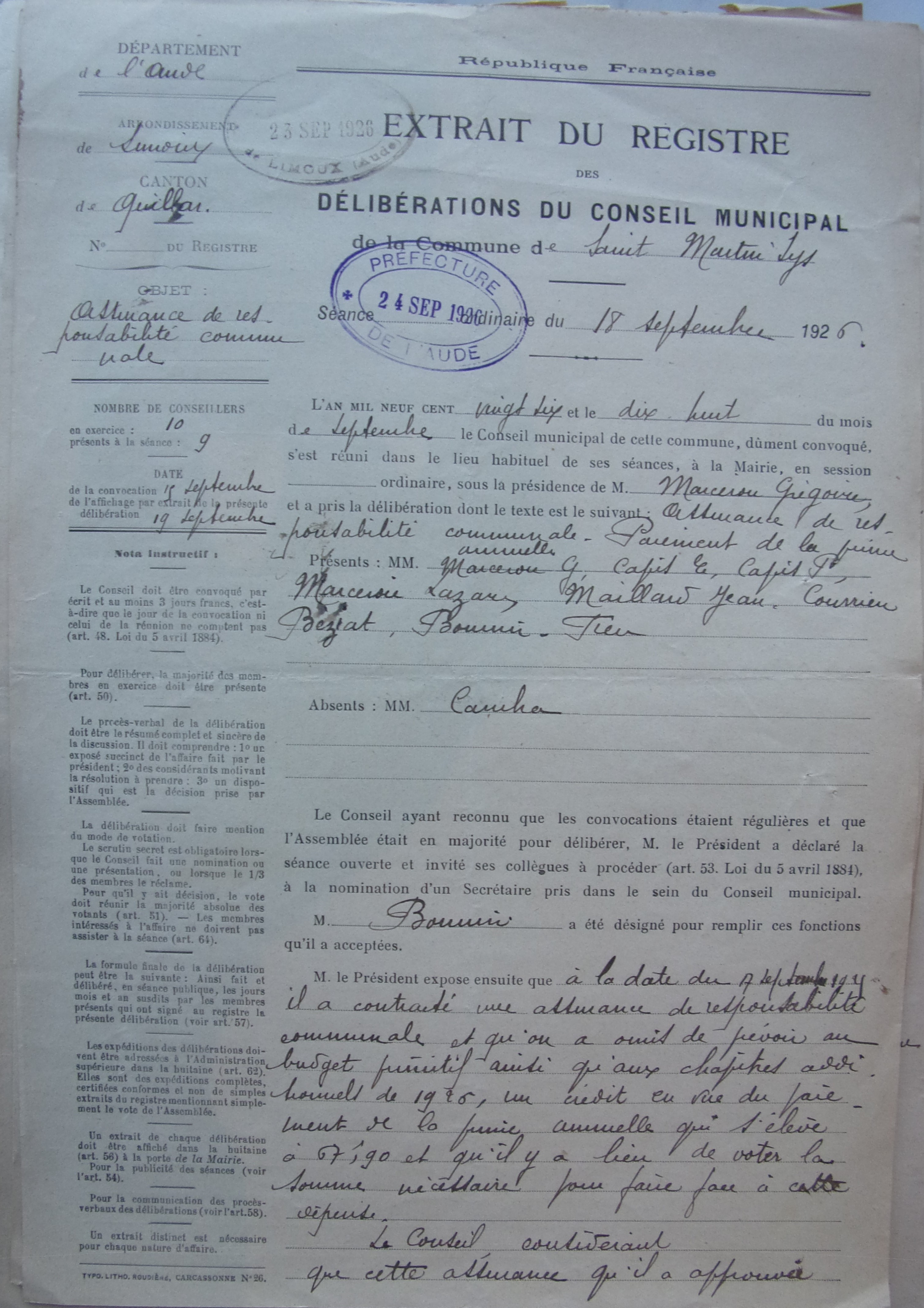 19260918 délibération conseil assurance de responsabilité communale p1