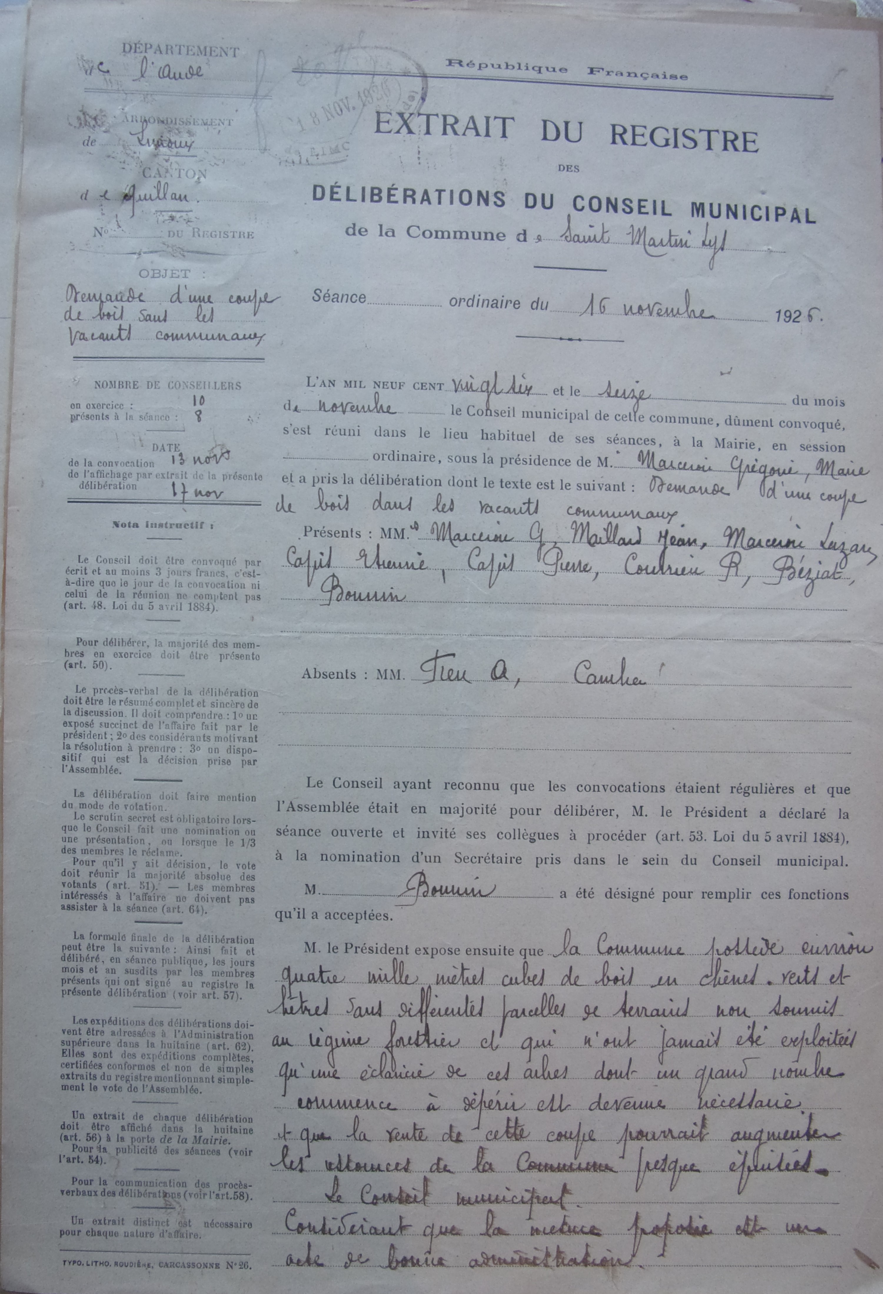 19261116 délibération conseil Demande d'une coupe de bois dans les vacants communaux p1