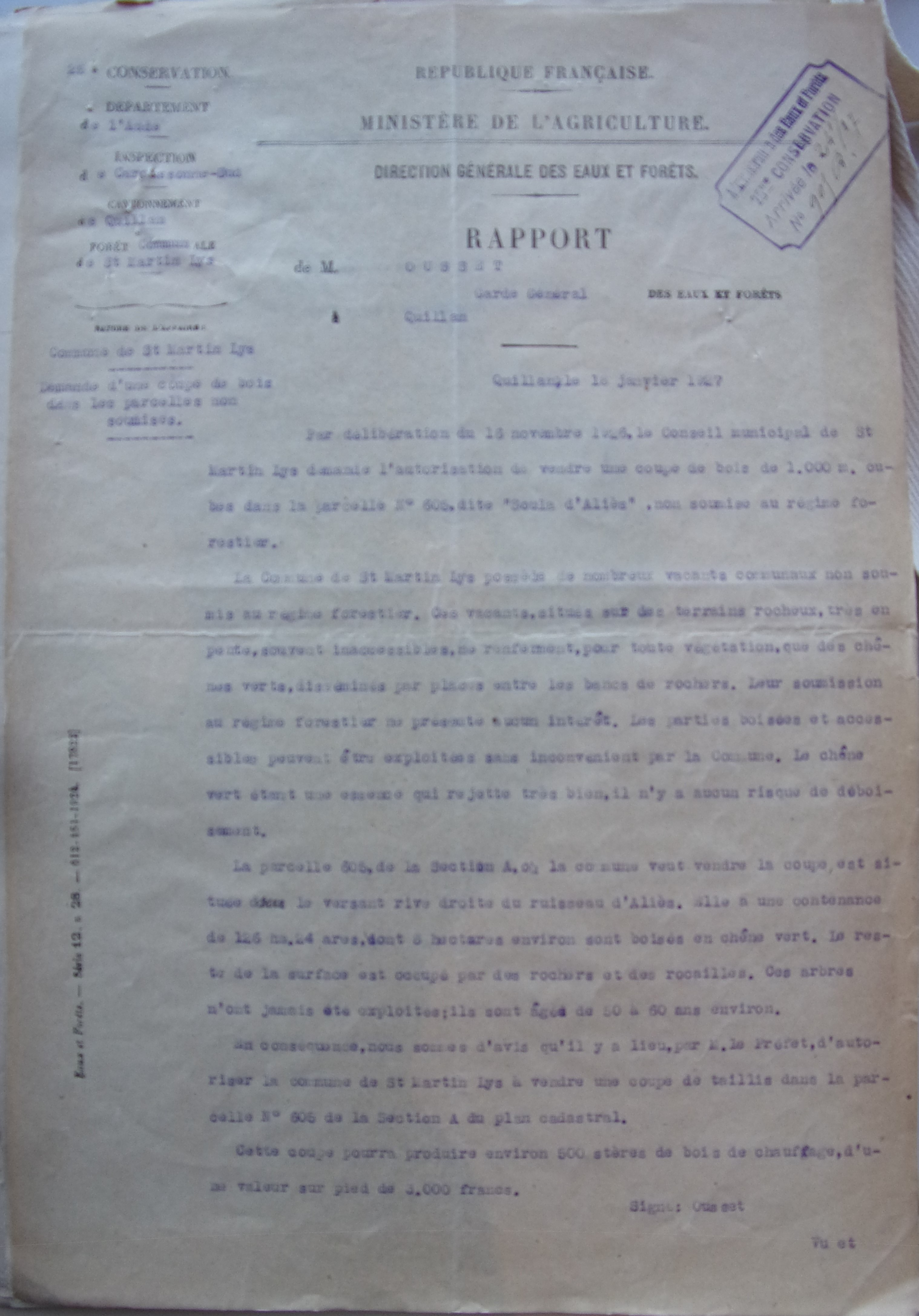 19270116 Rapport de la direction générale des eaux et forêts sur la coupe de bois dans les vacants communaux p1
