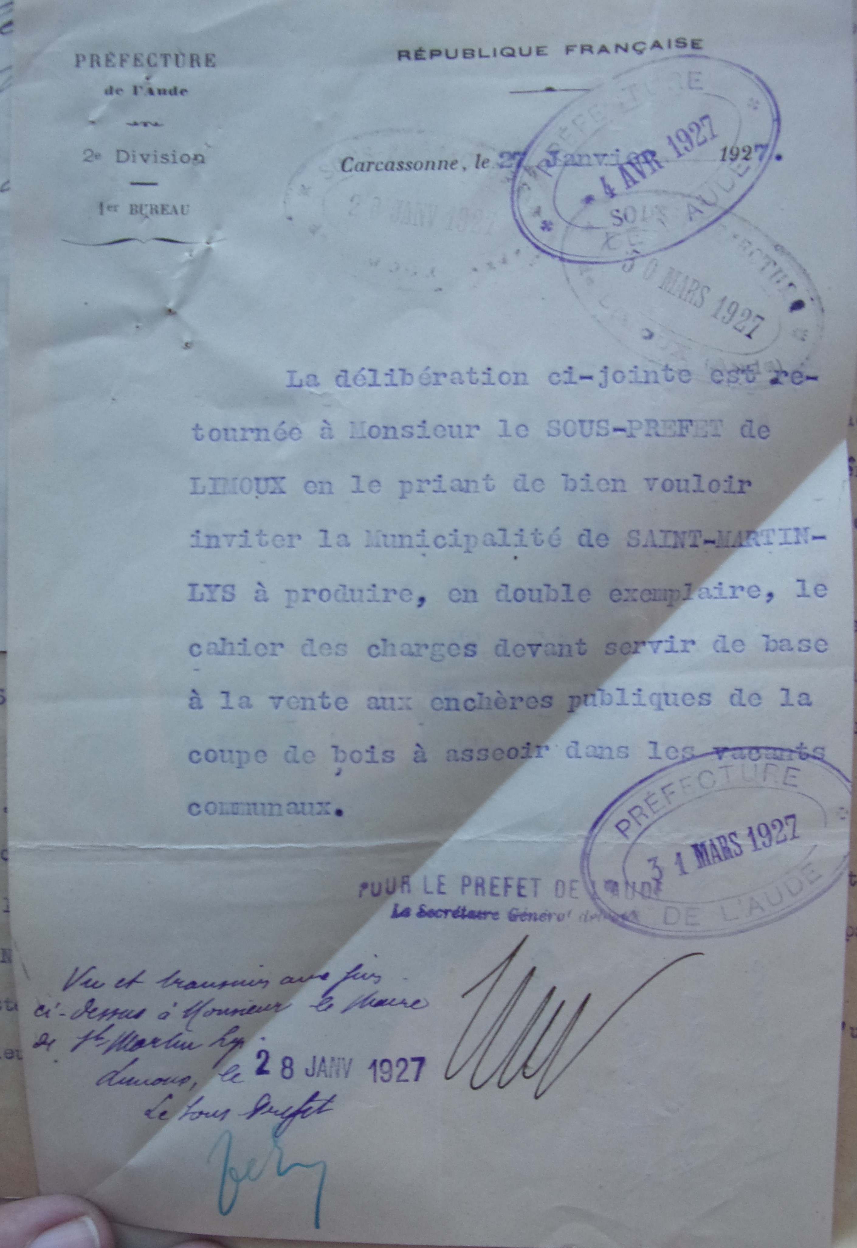 19270127 Du préfet au sous-préfet invitation de la municipalité à produire le cahier des charges pour la coupe de bois dans les vacants communaux p1