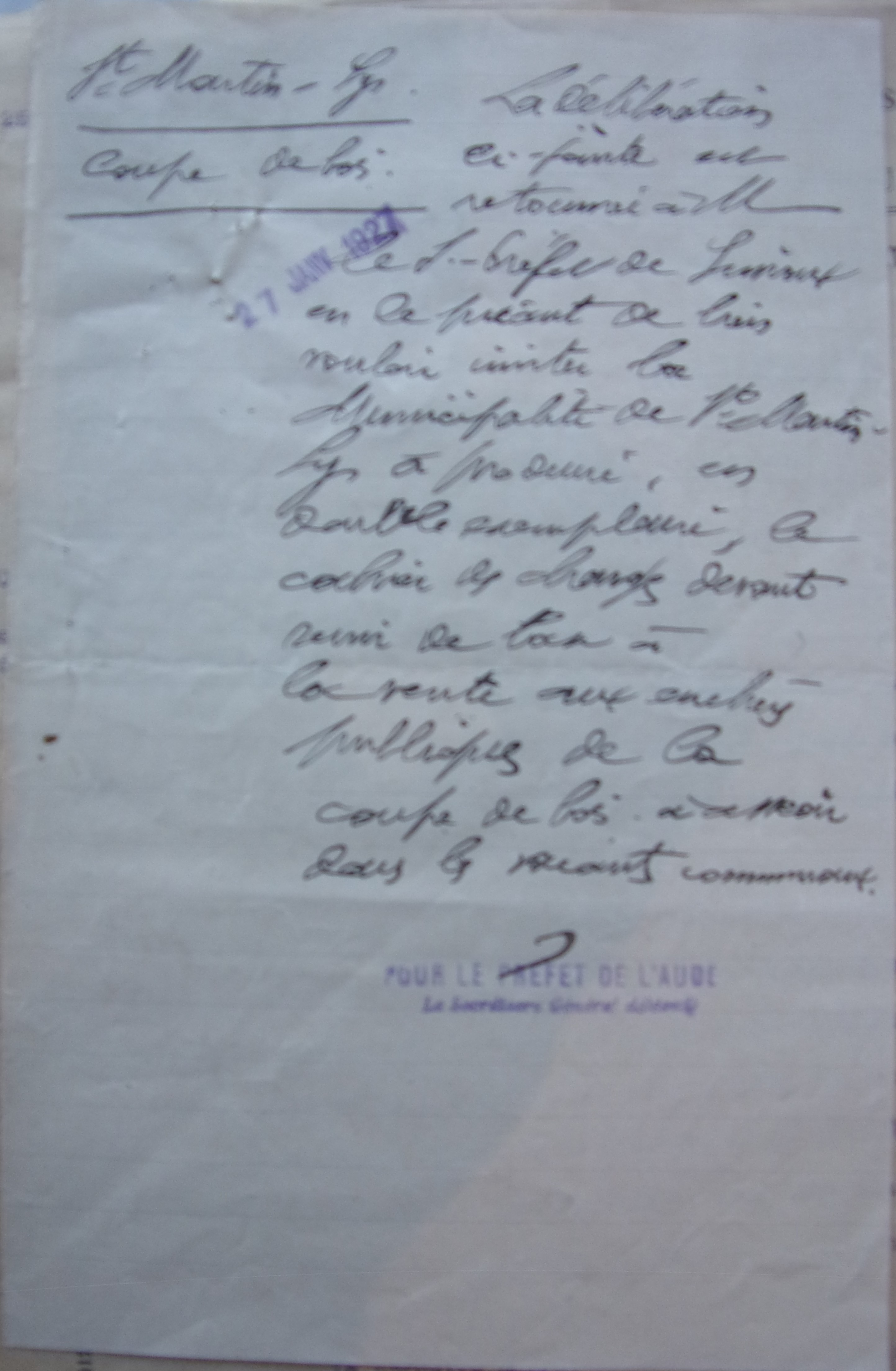 19270127 Du préfet au sous-préfet invitation de la municipalité à produire le cahier des charges pour la coupe de bois dans les vacants communaux p3