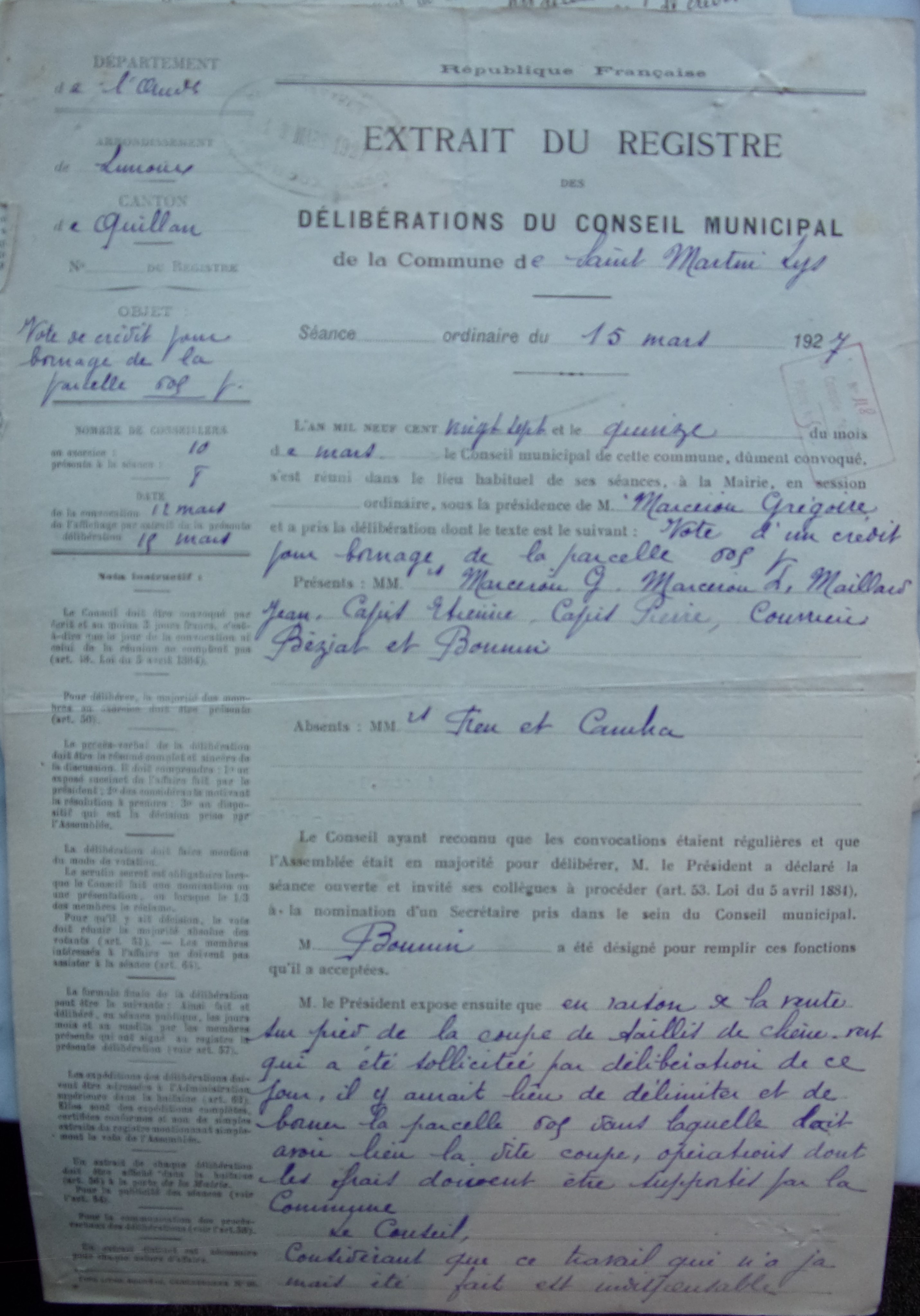 19270315 délibération conseil Vote de crédit pour le bornage d'une parcelle p1