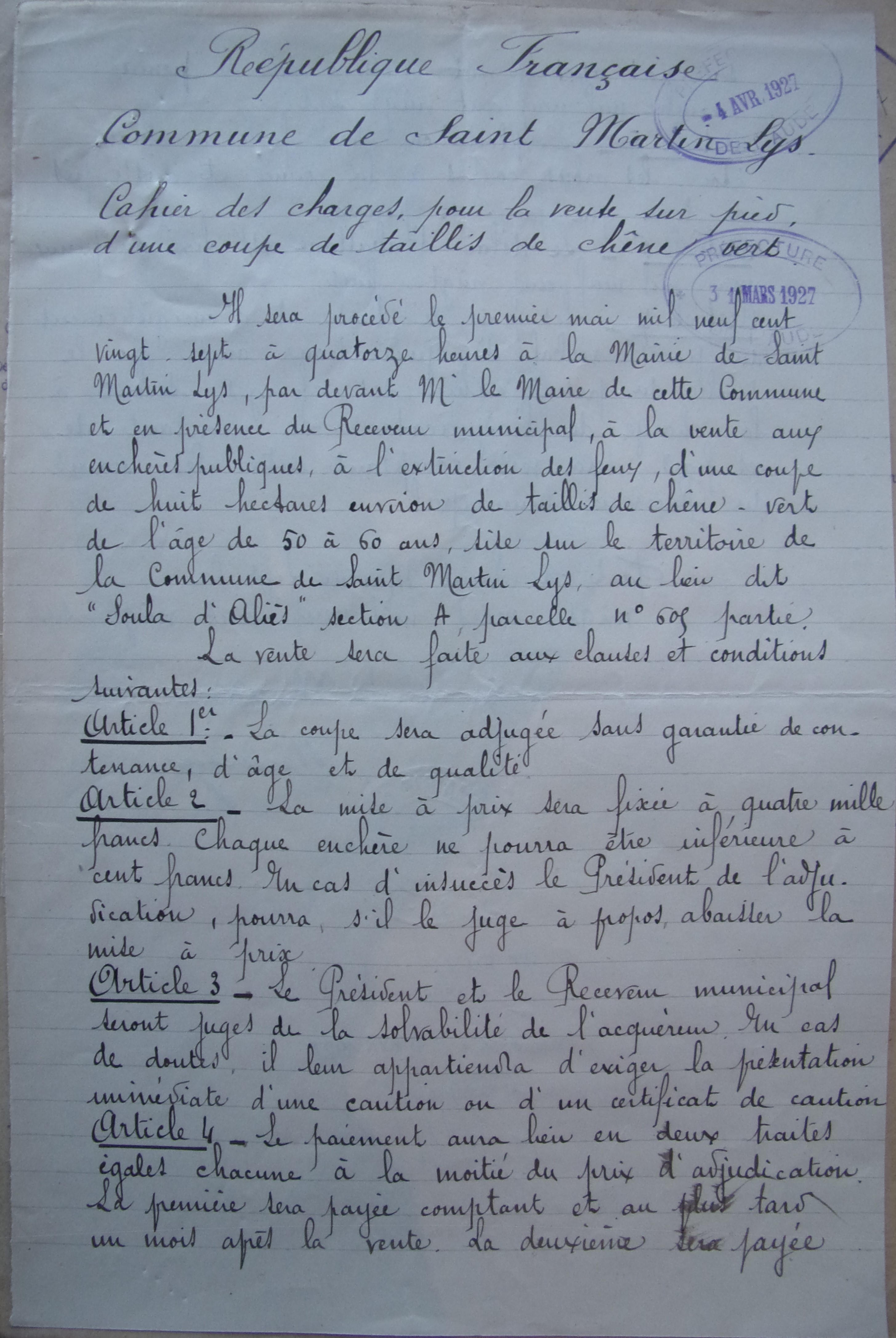19270320 Cahier des charges pour la vente sur pied d'une coupe de bois dans les vacants communaux p1