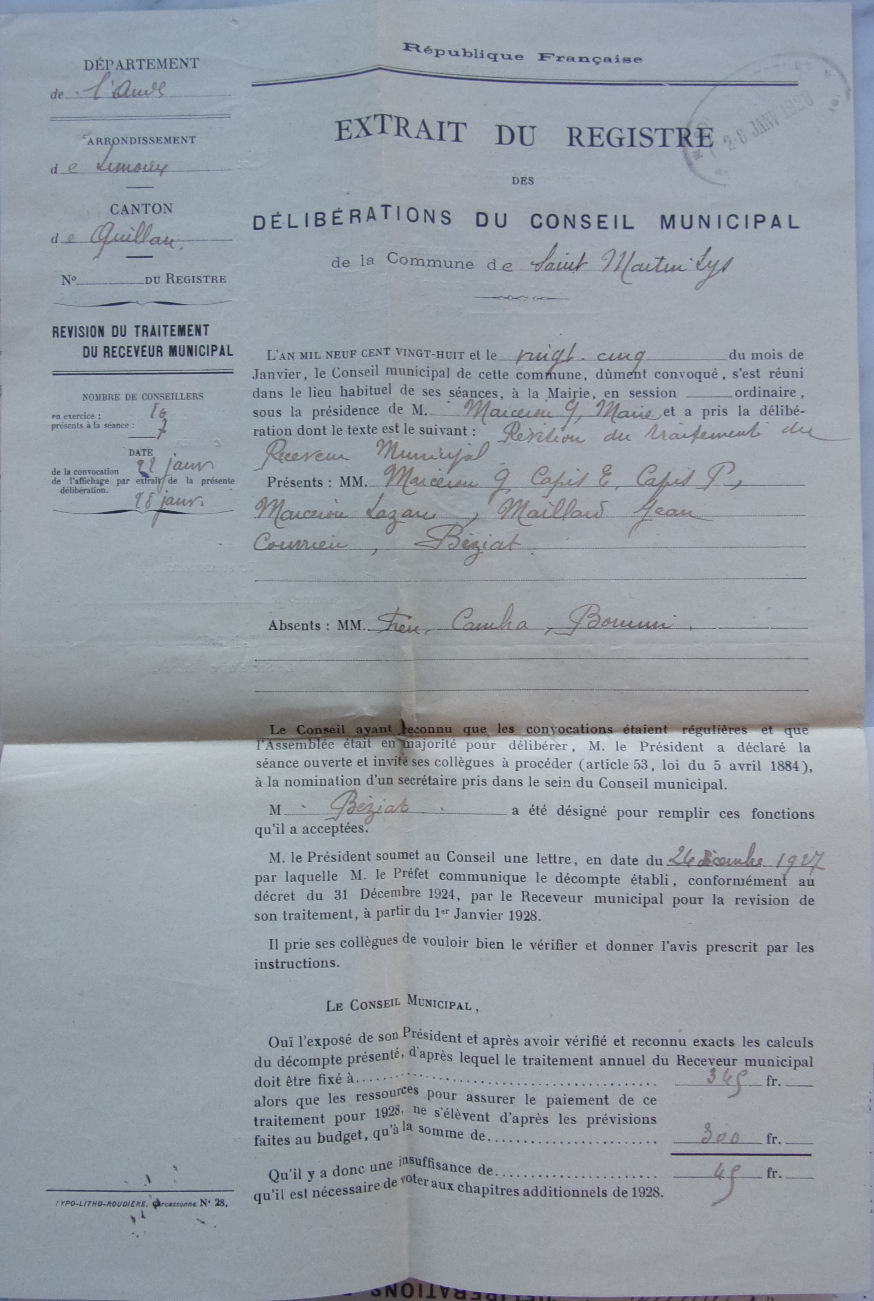 19280125 délibération du conseil municipal - traitement du receveur municipal - augmentation - recto