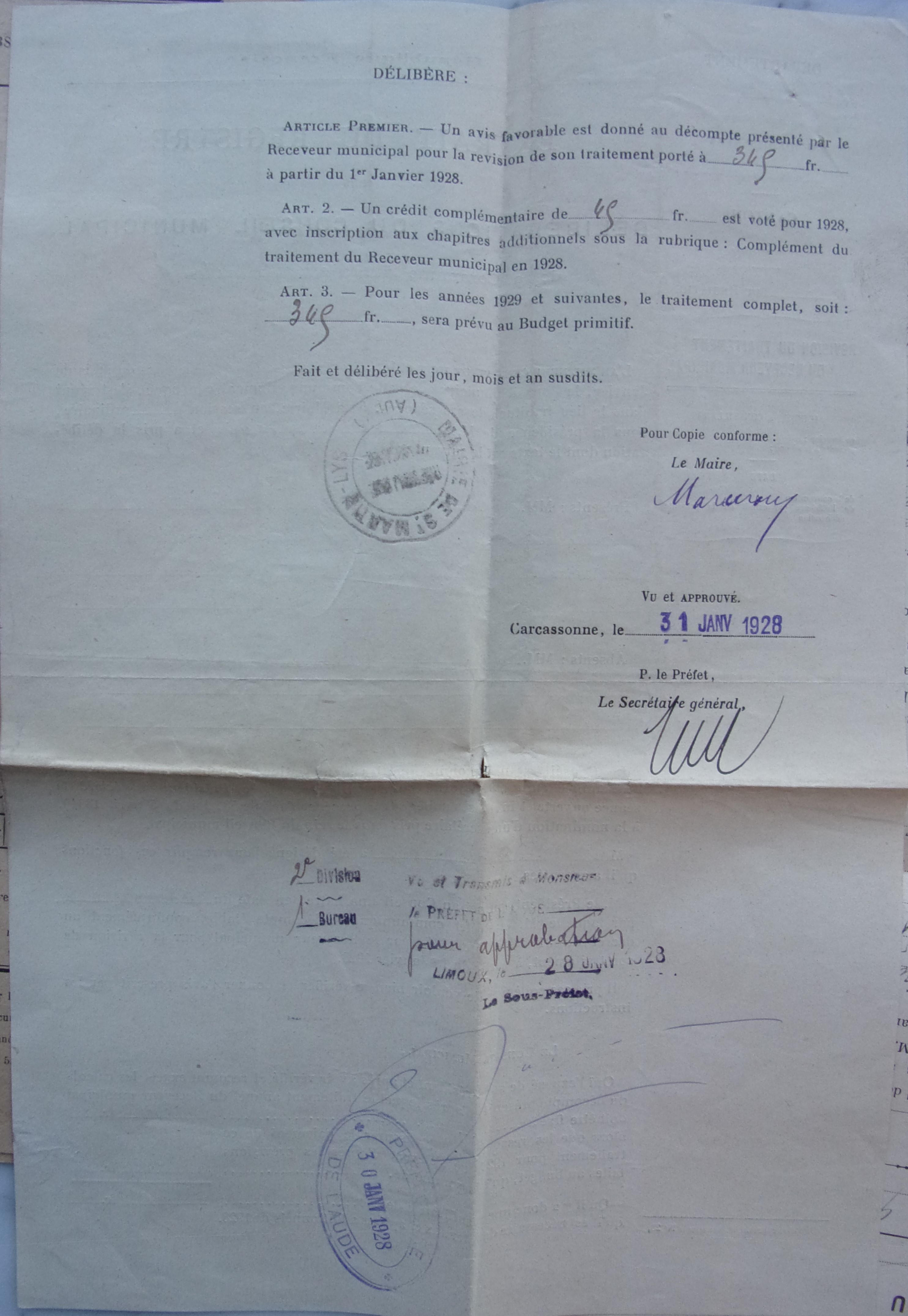 19280125 délibération du conseil municipal - traitement du receveur municipal - augmentation - verso