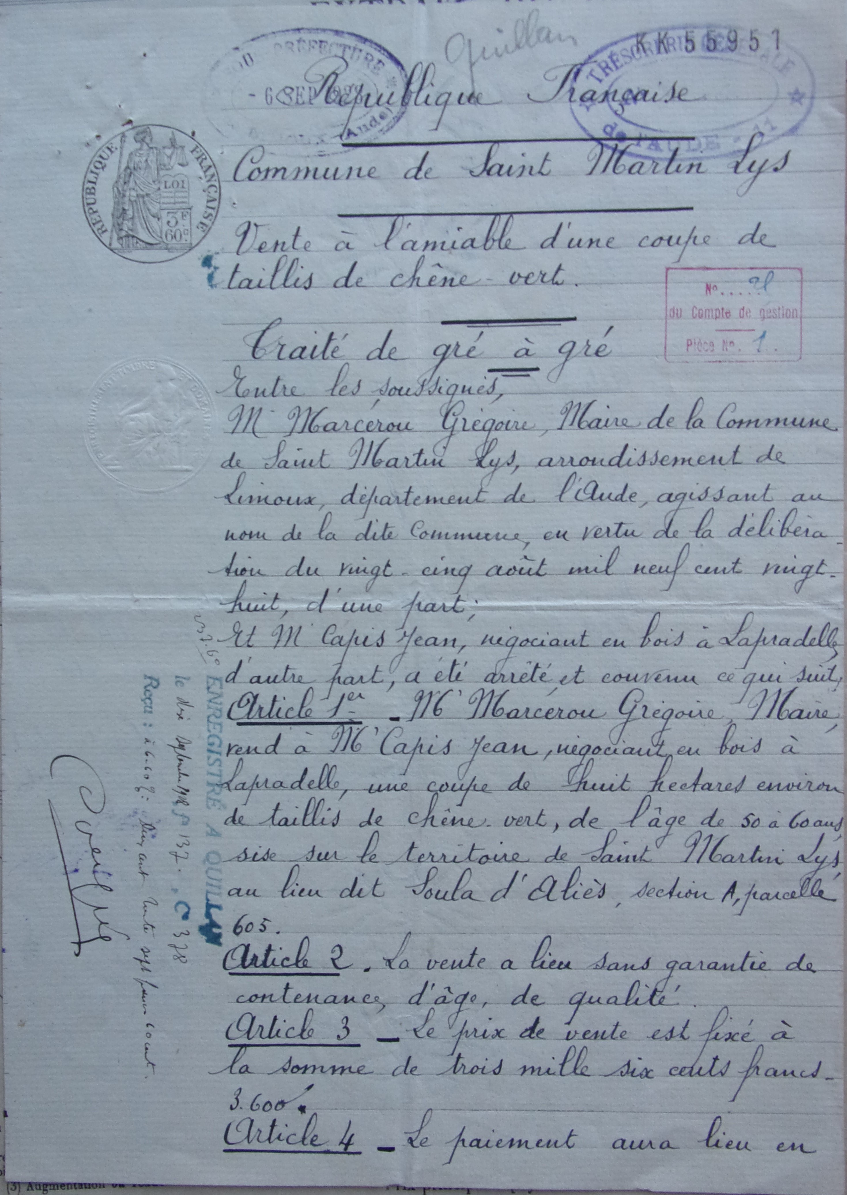 19280825 Vente à l'amiable d'une coupe de taillis de chêne vert Traité de gré à gré p1