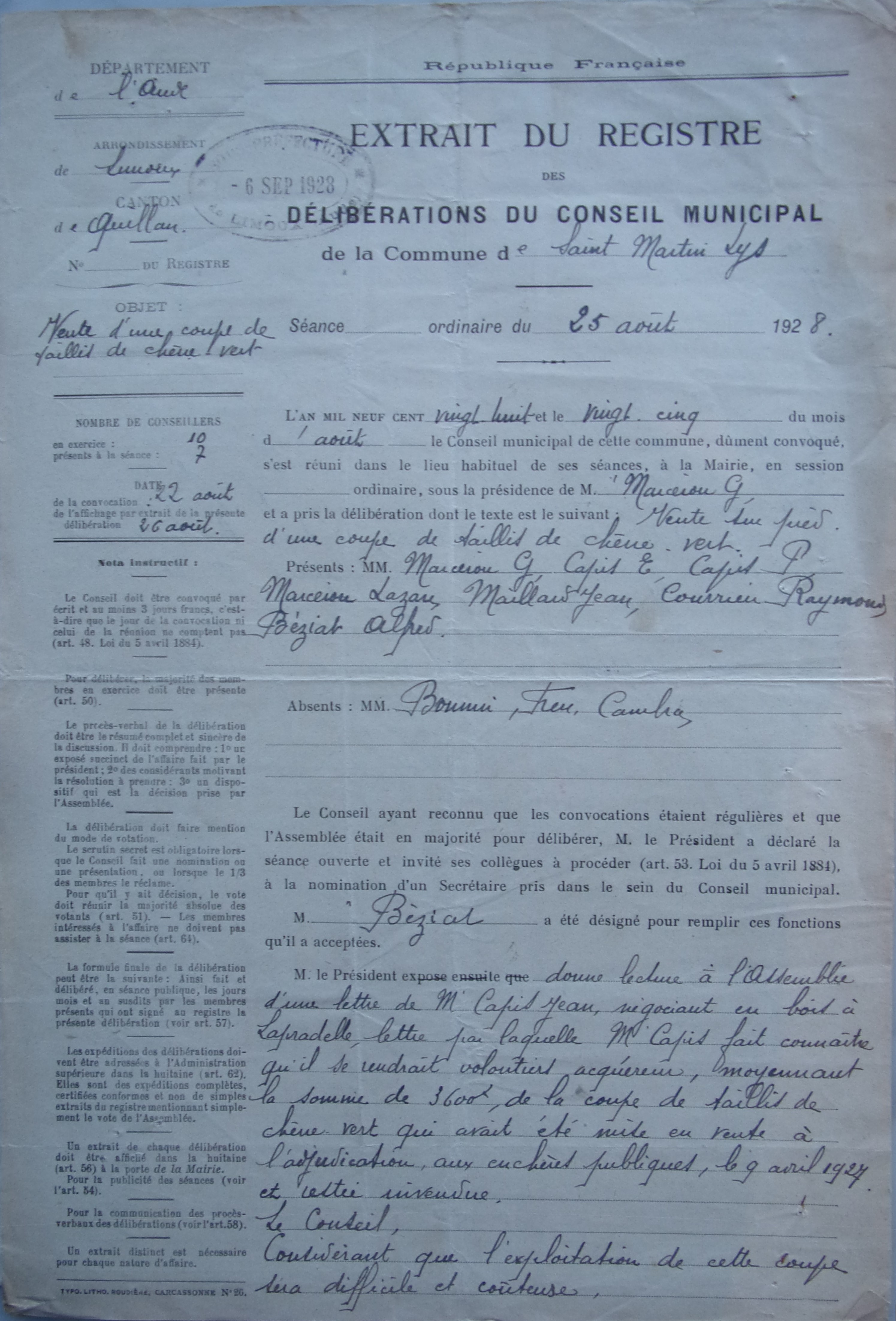 19280825 délibération conseil Vente d'une coupe de taillis de chêne vert p1