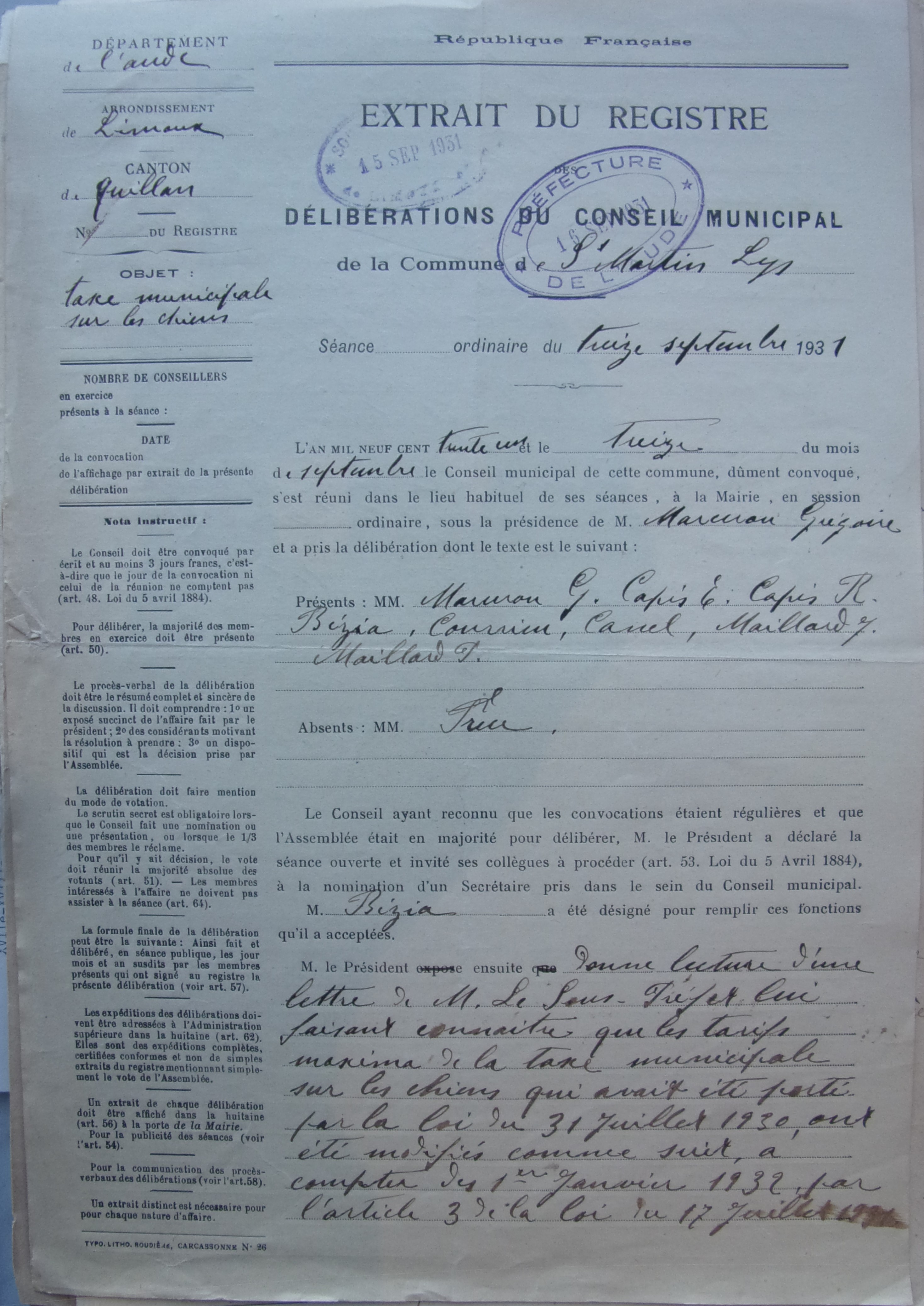 19310913 délibération conseil taxe municipale sur les chiens p1