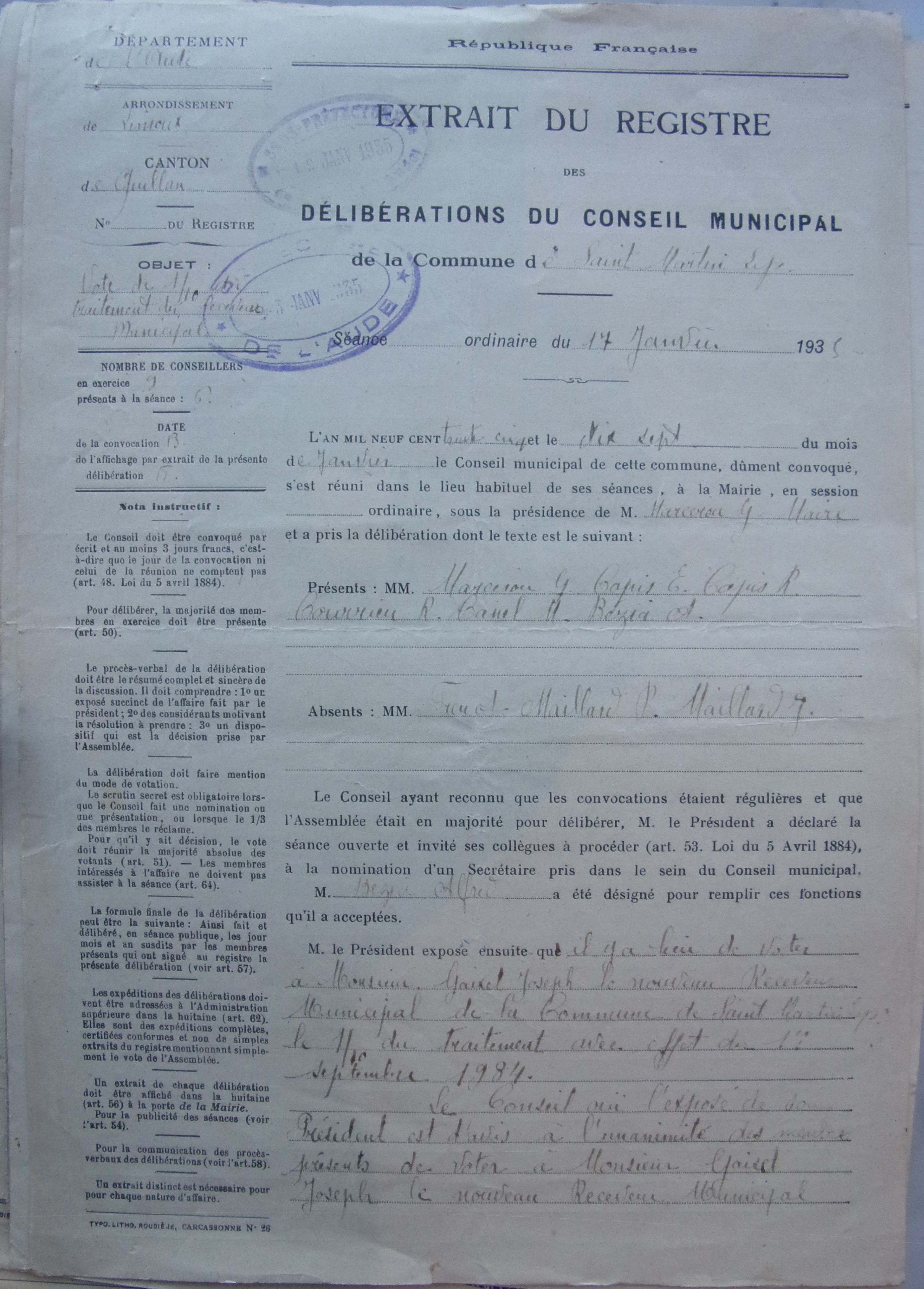 19350117 délibération conseil vote de 1-10 du traitement du receveur municipal p1