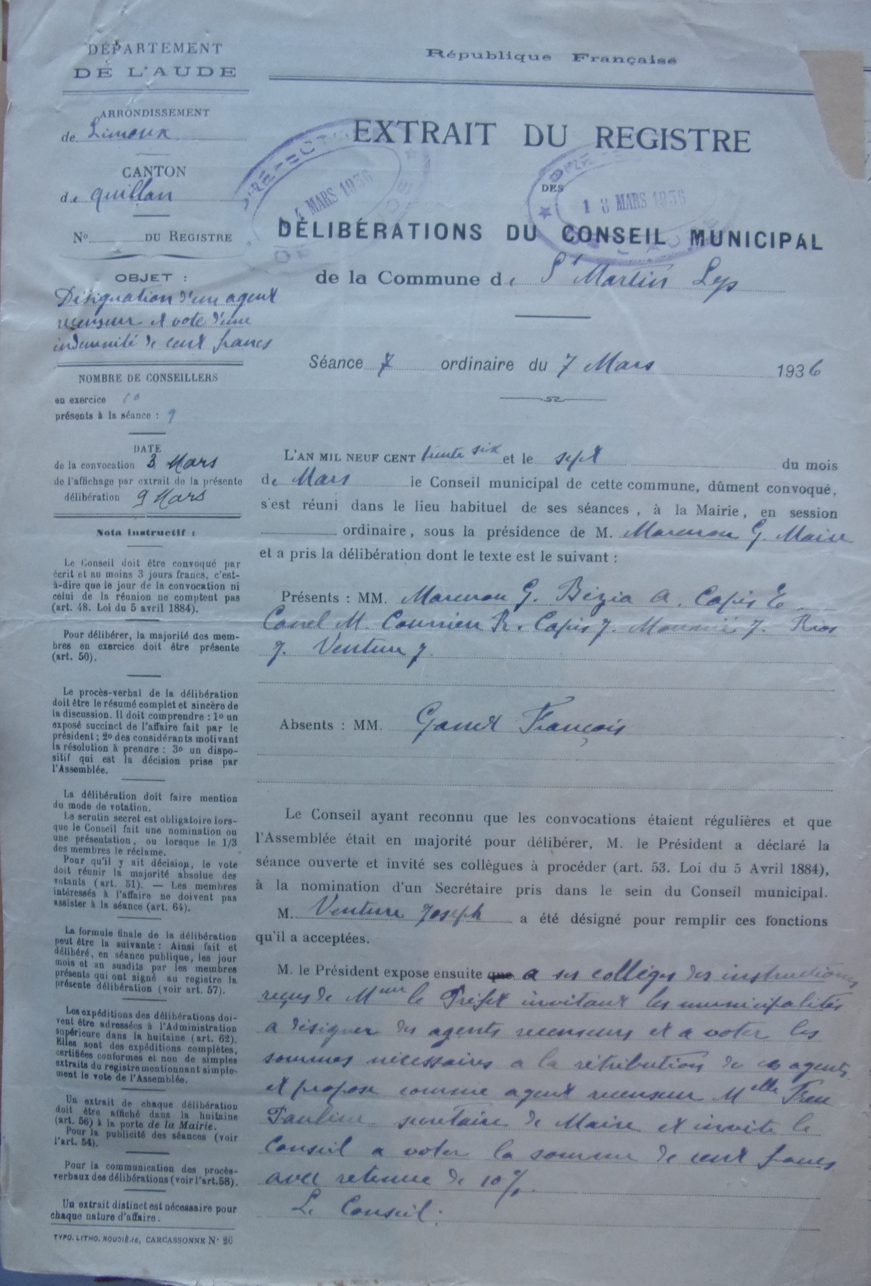 19360307 délibération conseil Désignation d'un agent recenseur et vote d'une indemnité de 100 francs p1