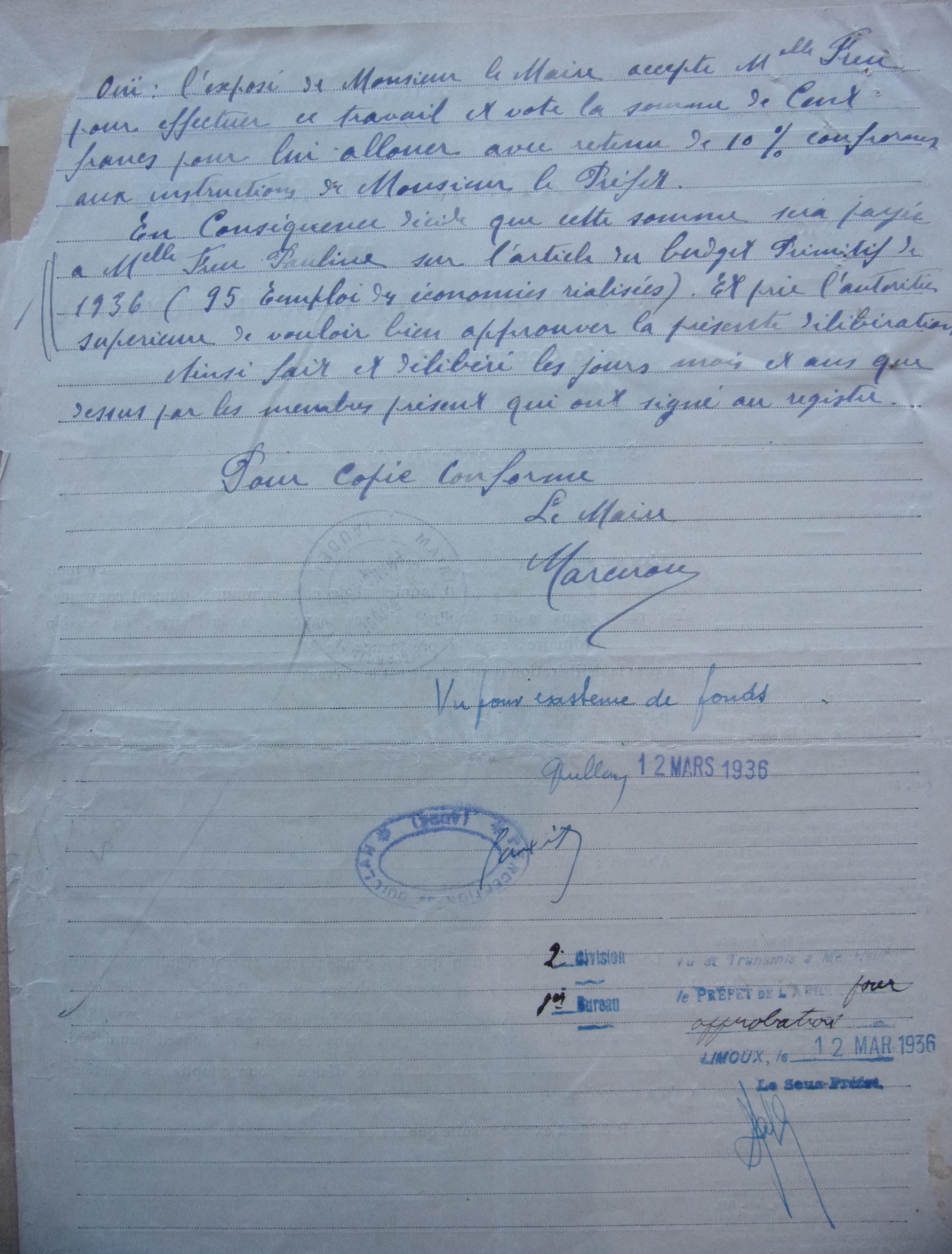 19360307 délibération conseil Désignation d'un agent recenseur et vote d'une indemnité de 100 francs p2