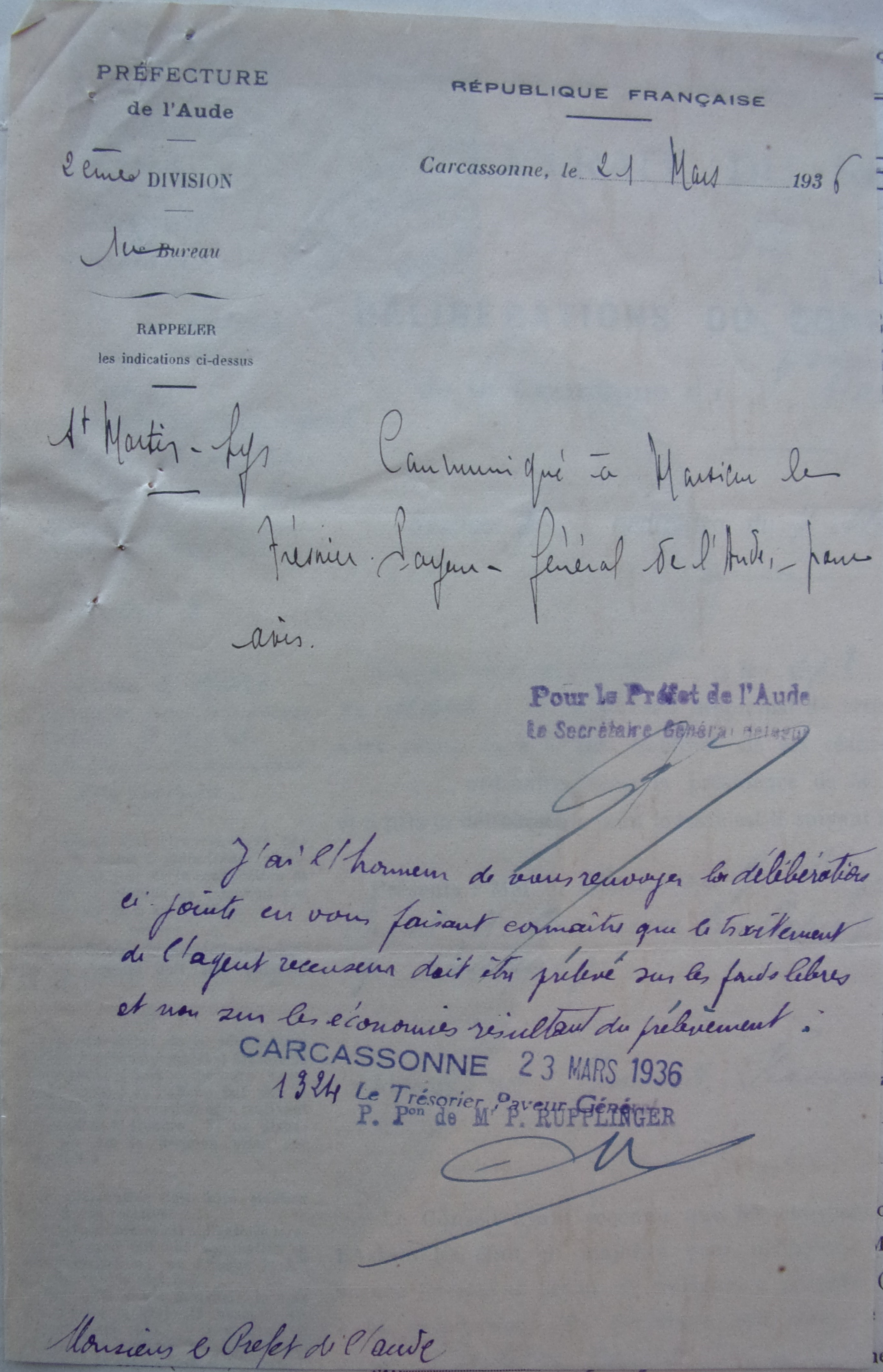 19360323 demande d'avis du préfet sur l'affectation Proposée par le conseil municipal du traitement de l'agent recenseur