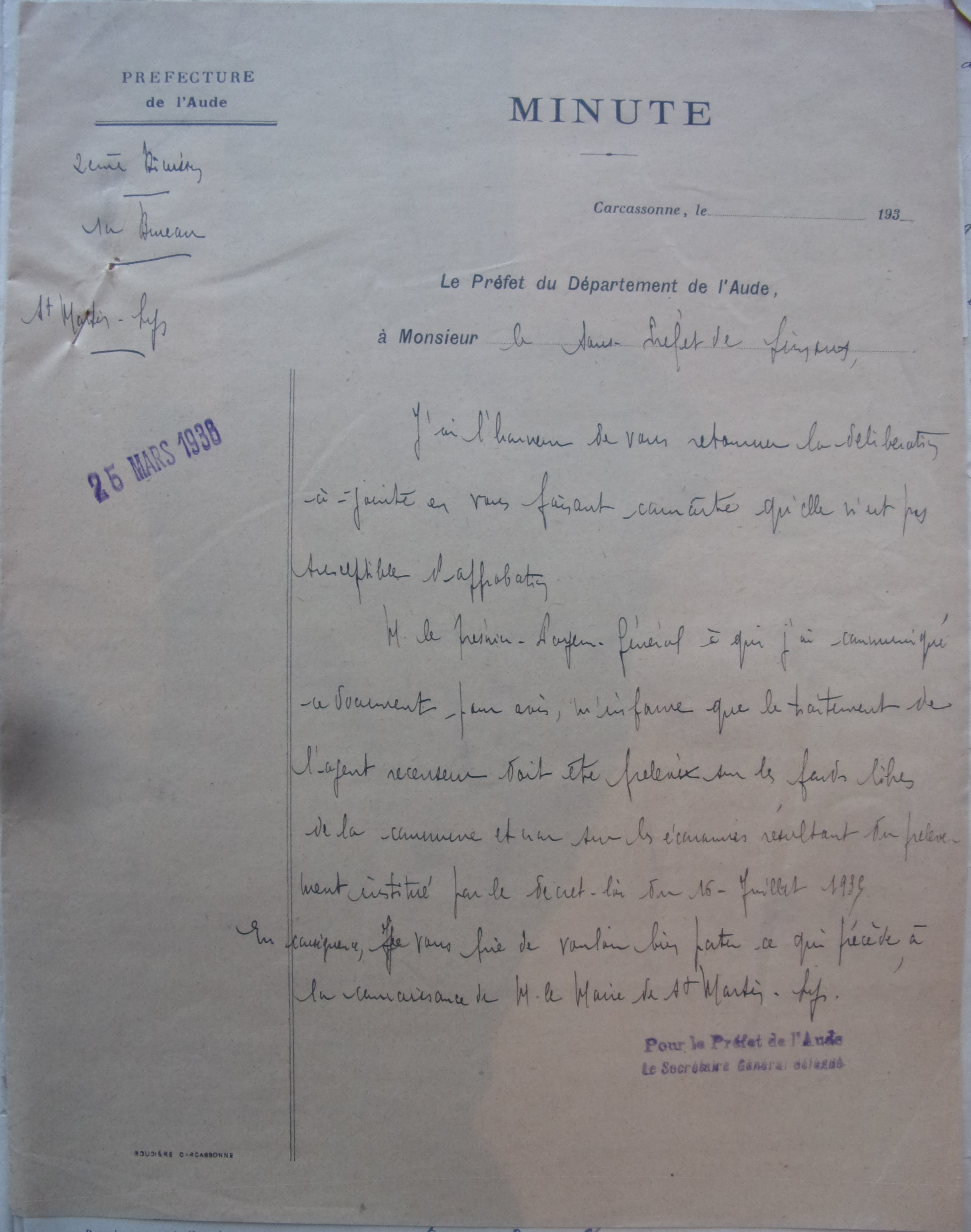19360325 Minute du préfet au sous-préfet refus de l'affectation Proposée par le conseil municipal du traitement de l'agent recenseur