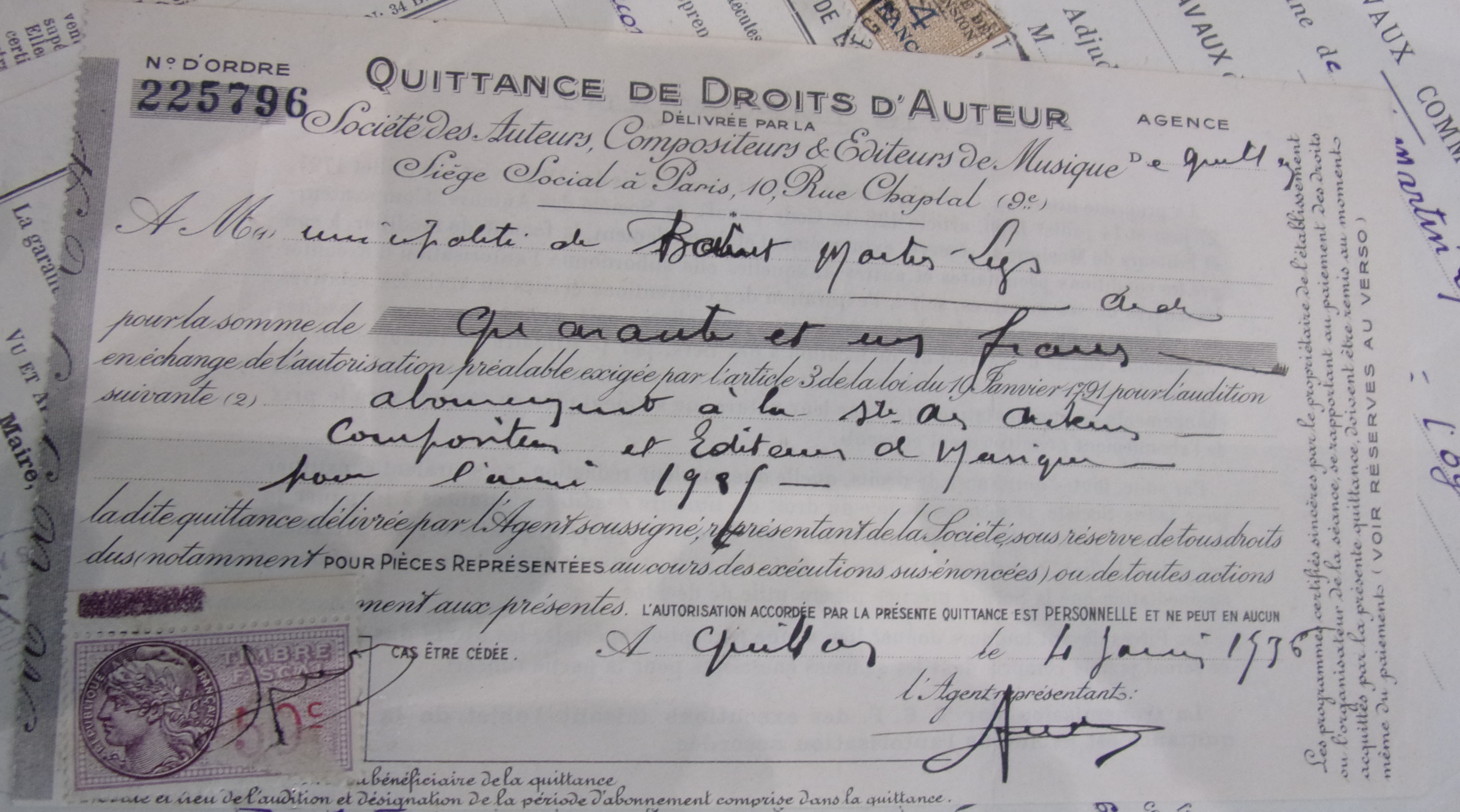 19360614 Quittance droit d'auteur Musique fête
