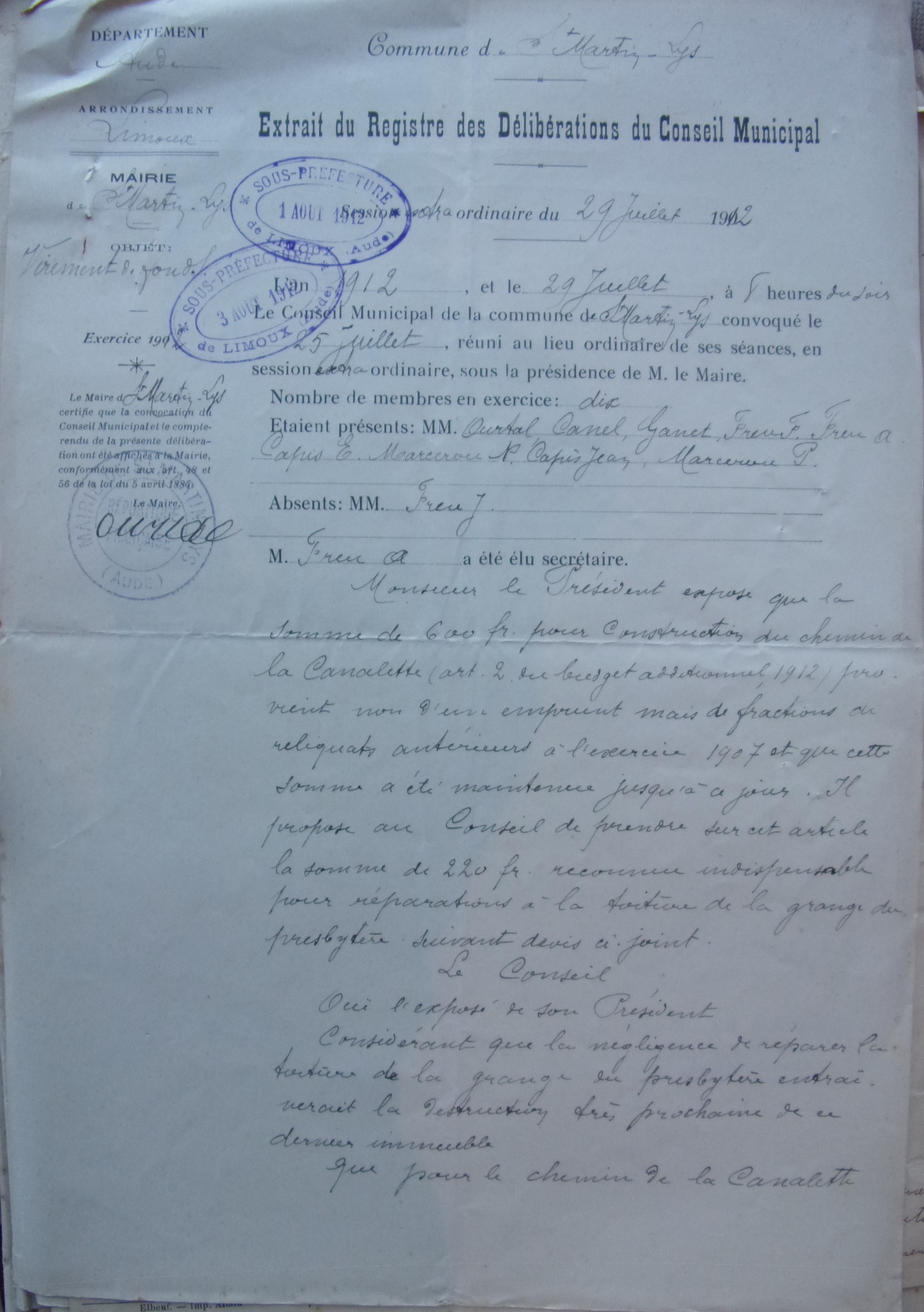 29 juillet 1912 - Délibération du Conseil municipal - Réaffectation de sommes prévues pour le chemin de la Canalette vers la réparation de la toiture de la grange du presbytère p1