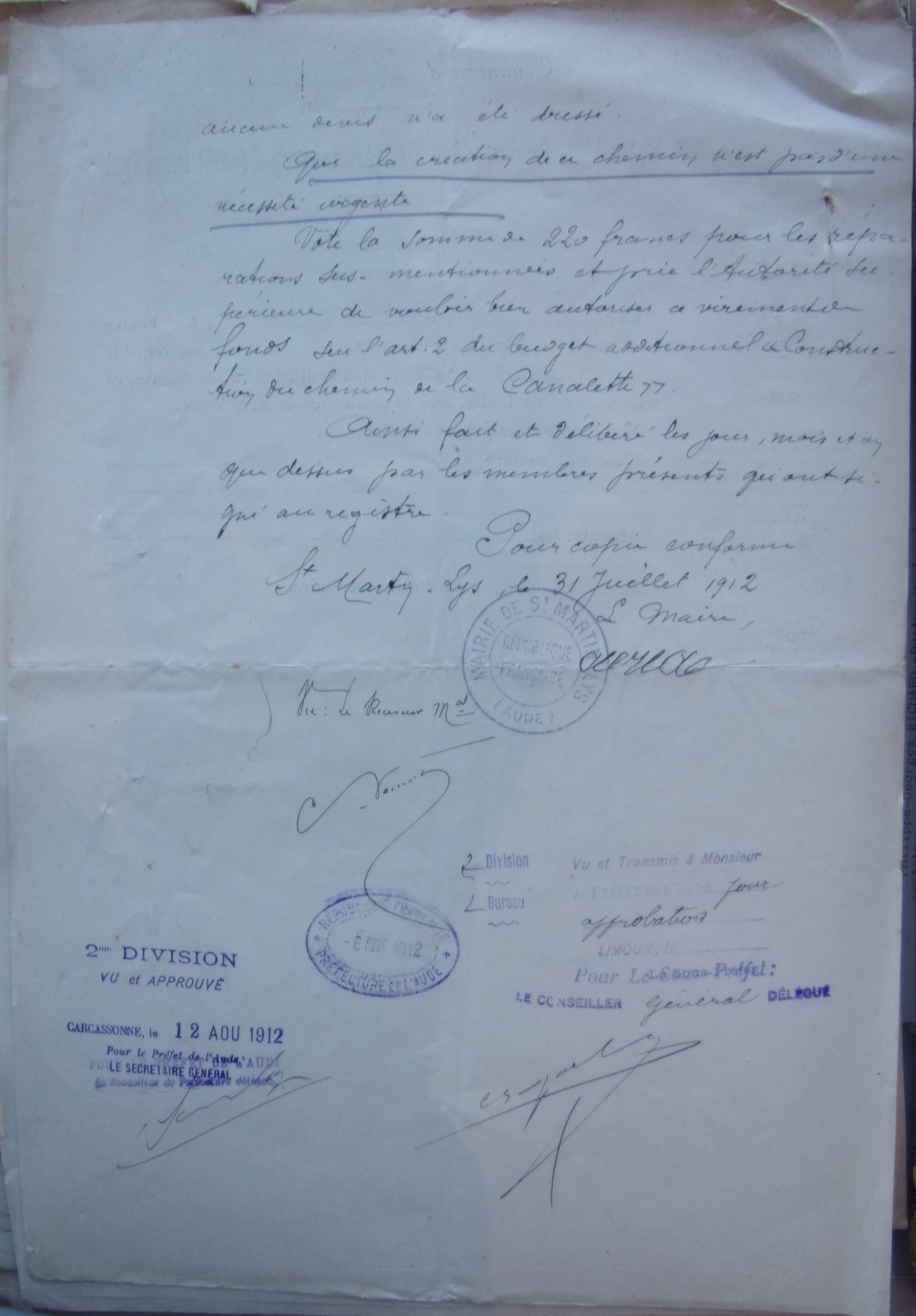 29 juillet 1912 - Délibération du Conseil municipal - Réaffectation de sommes prévues pour le chemin de la Canalette vers la réparation de la toiture de la grange du presbytère p2