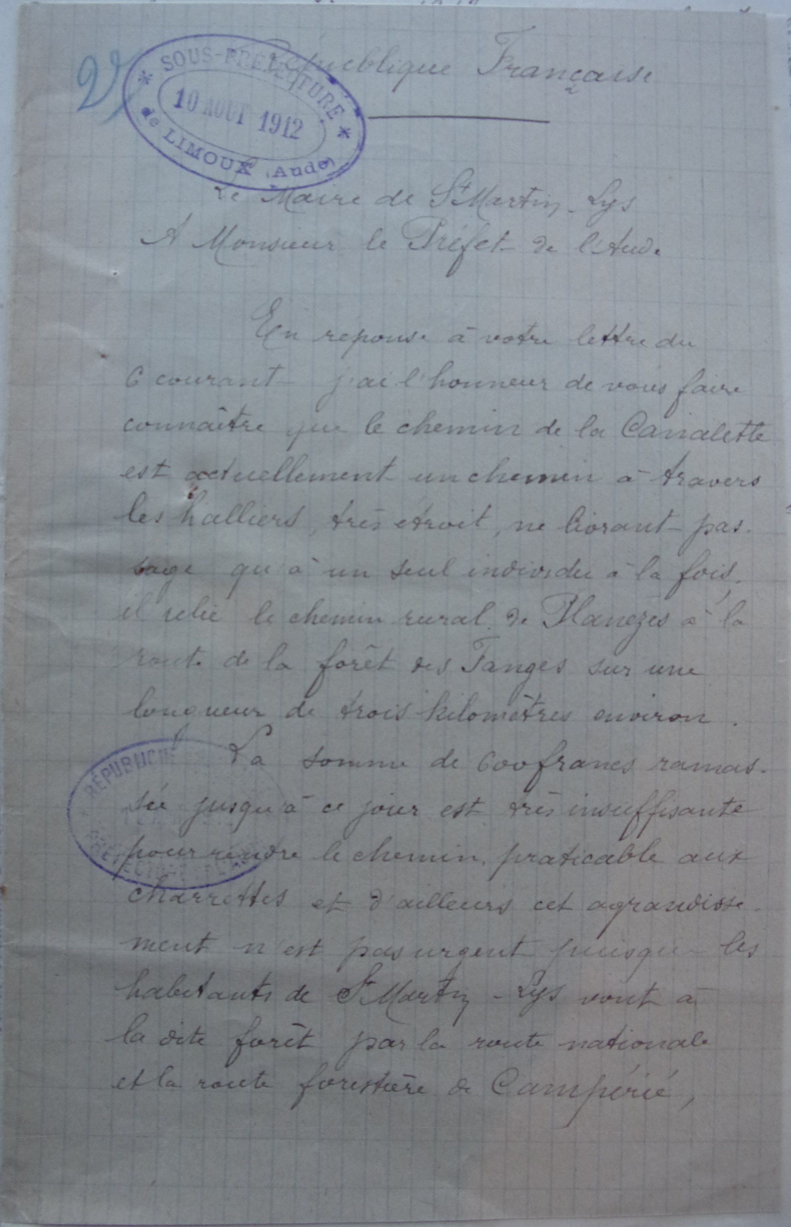 10 août 1912 - Réponse du Maire au Préfet sur la non urgence de l'élargissement du chemin de la Canalette p1