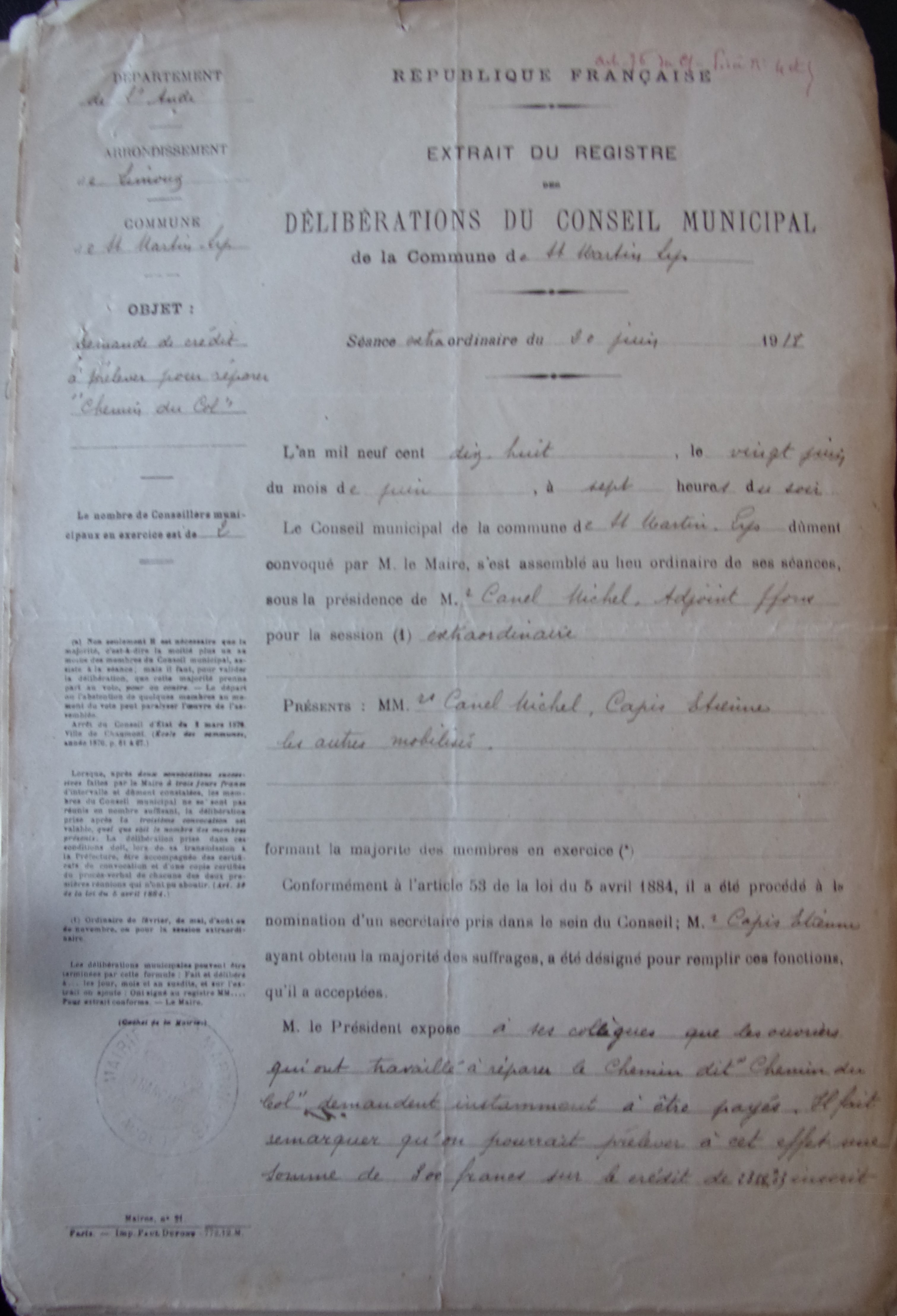 19180620 Demande de crédit à prélever pour réparer Chemin du Col p1 100_8990