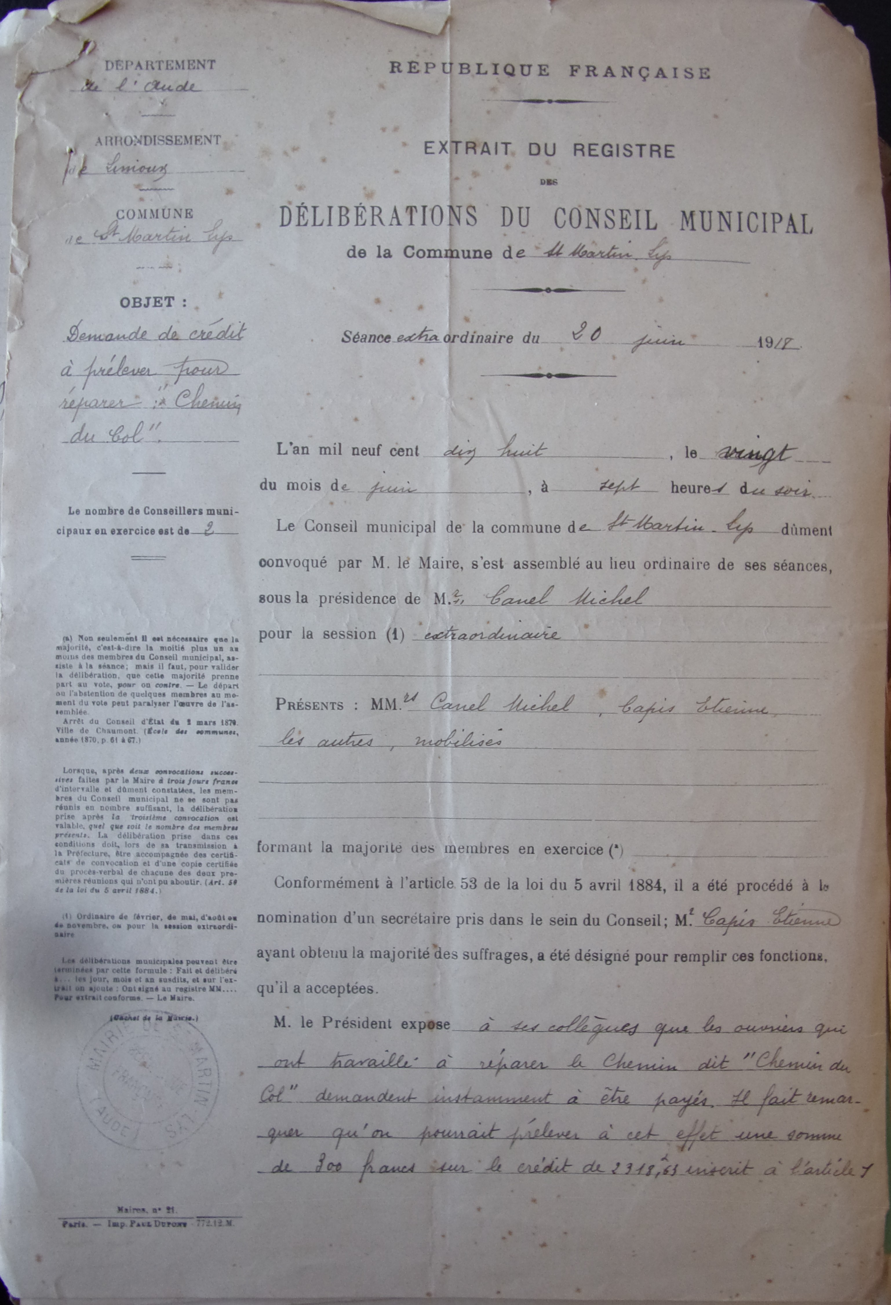 19180620 Demande de crédit à prélever pour réparer Chemin du Col pd1 100_8993