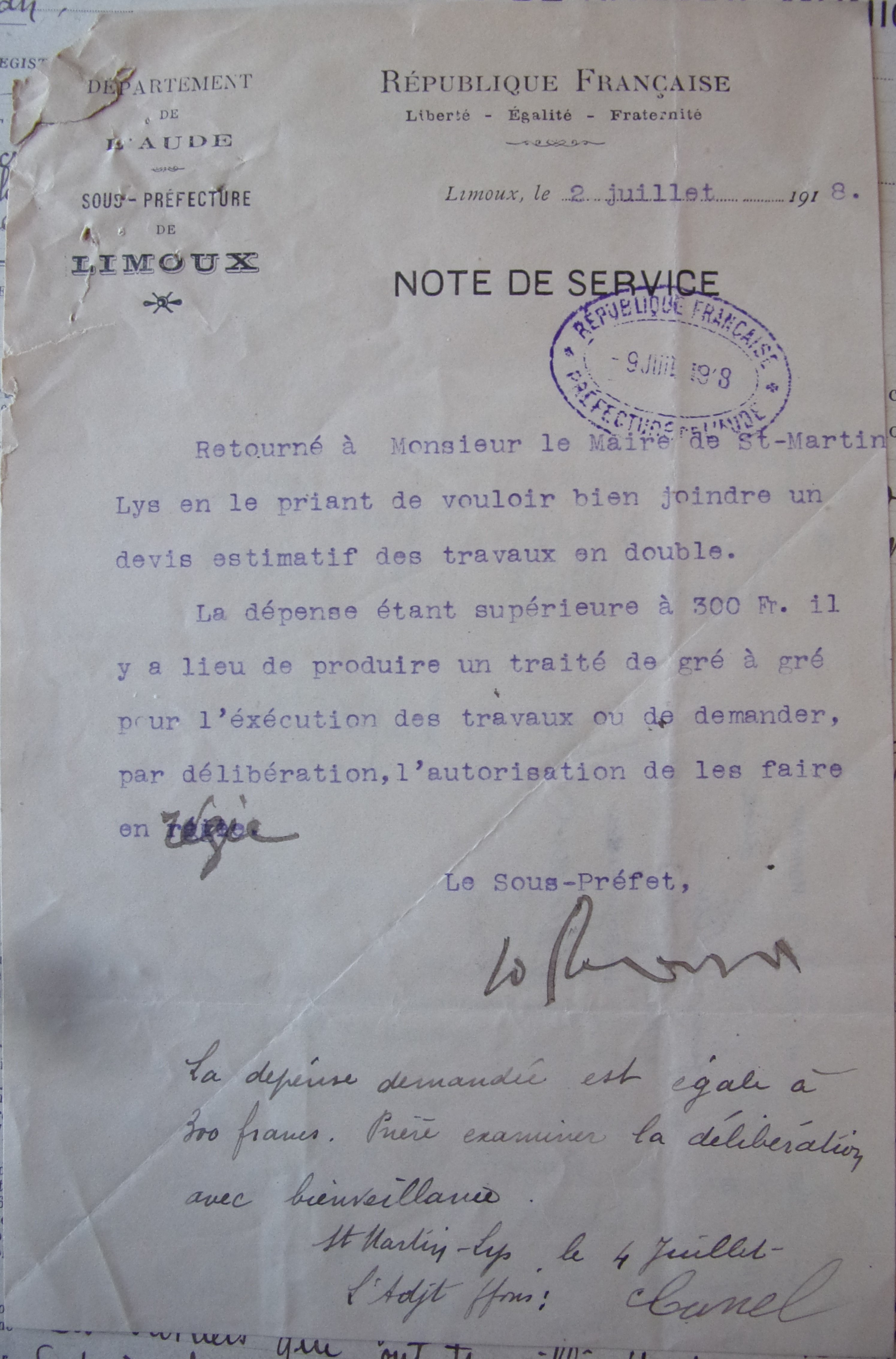 19180702 note de service préfecture Réparation chemin du col P1 100_8997