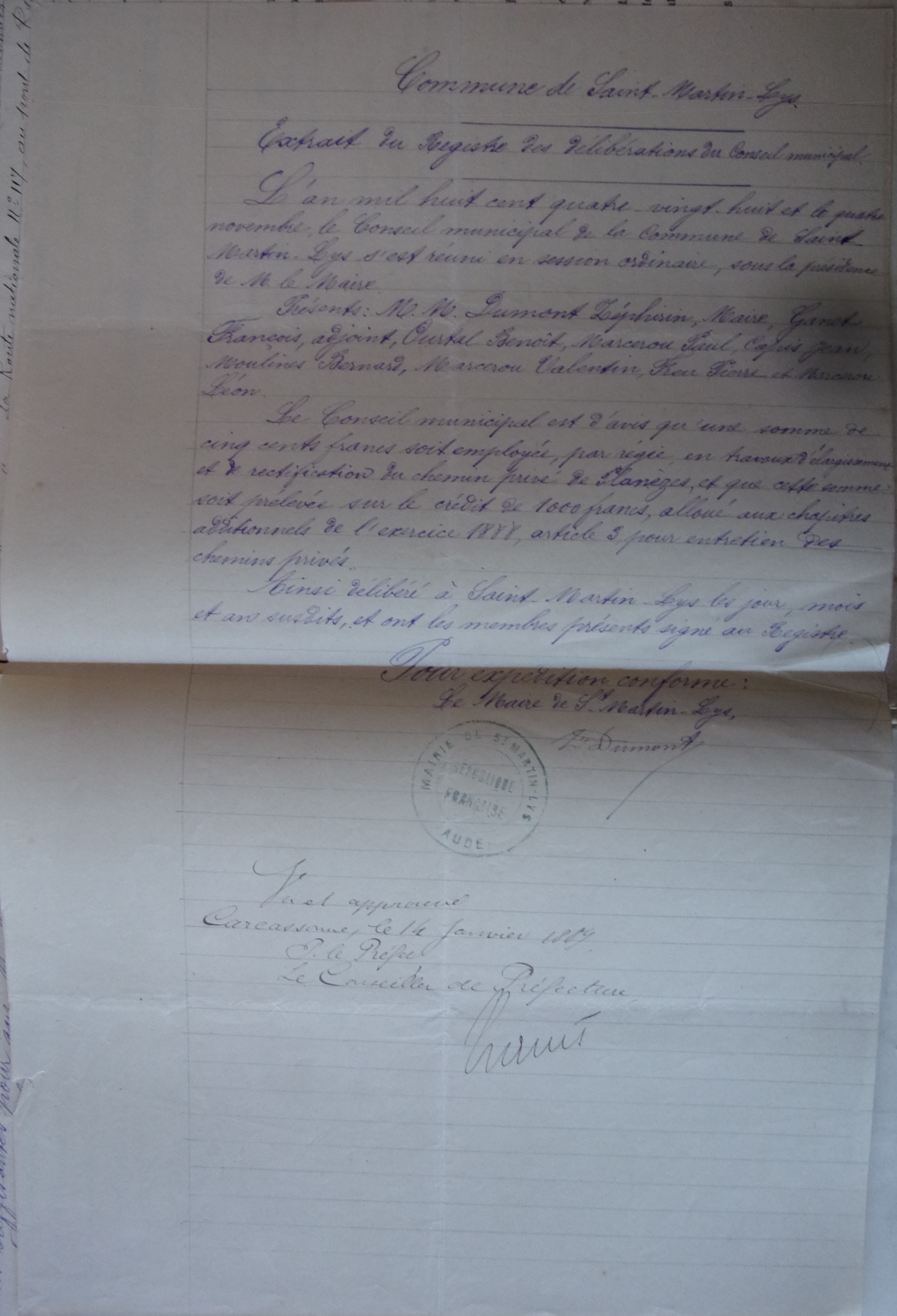 04 novembre 1888 - Délibération du Conseil municipal - Elargissement et rectification du chemin privé de Planèses
