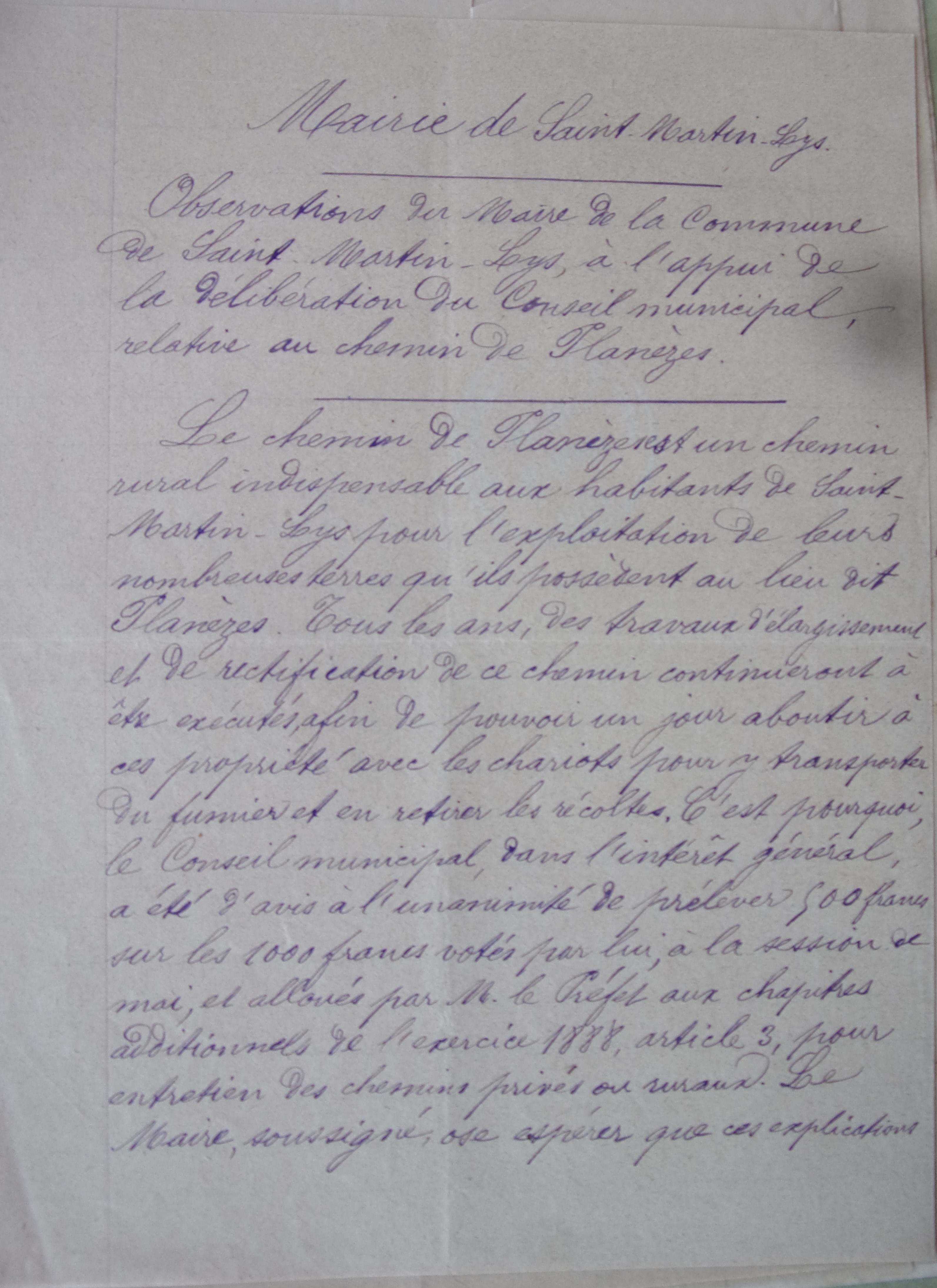 23 décembre 1888 - Courrier du Maire au Préfet en appui de la délibération du 4 novembre p1