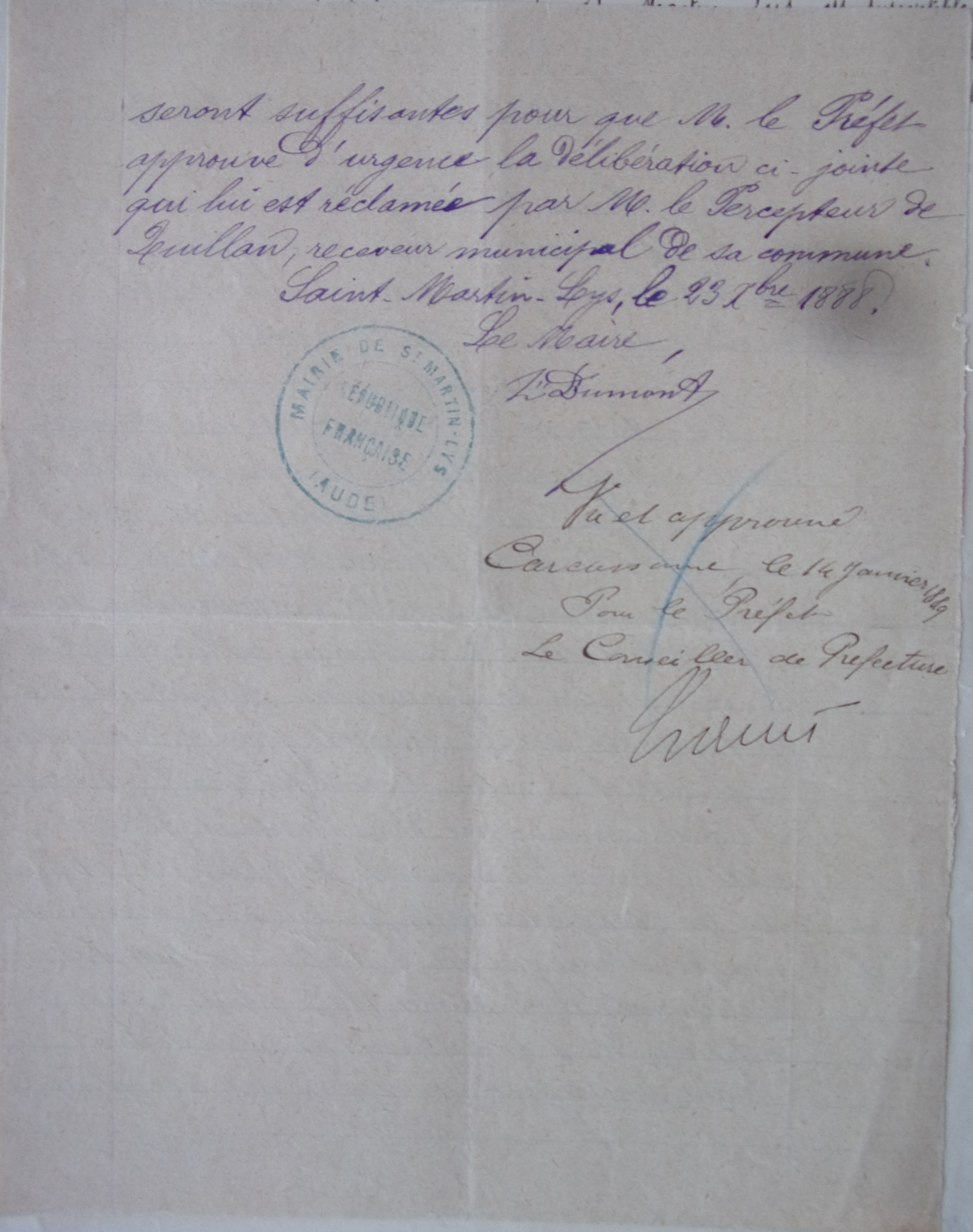 23 décembre 1888 - Courrier du Maire au Préfet en appui de la délibération du 4 novembre p2