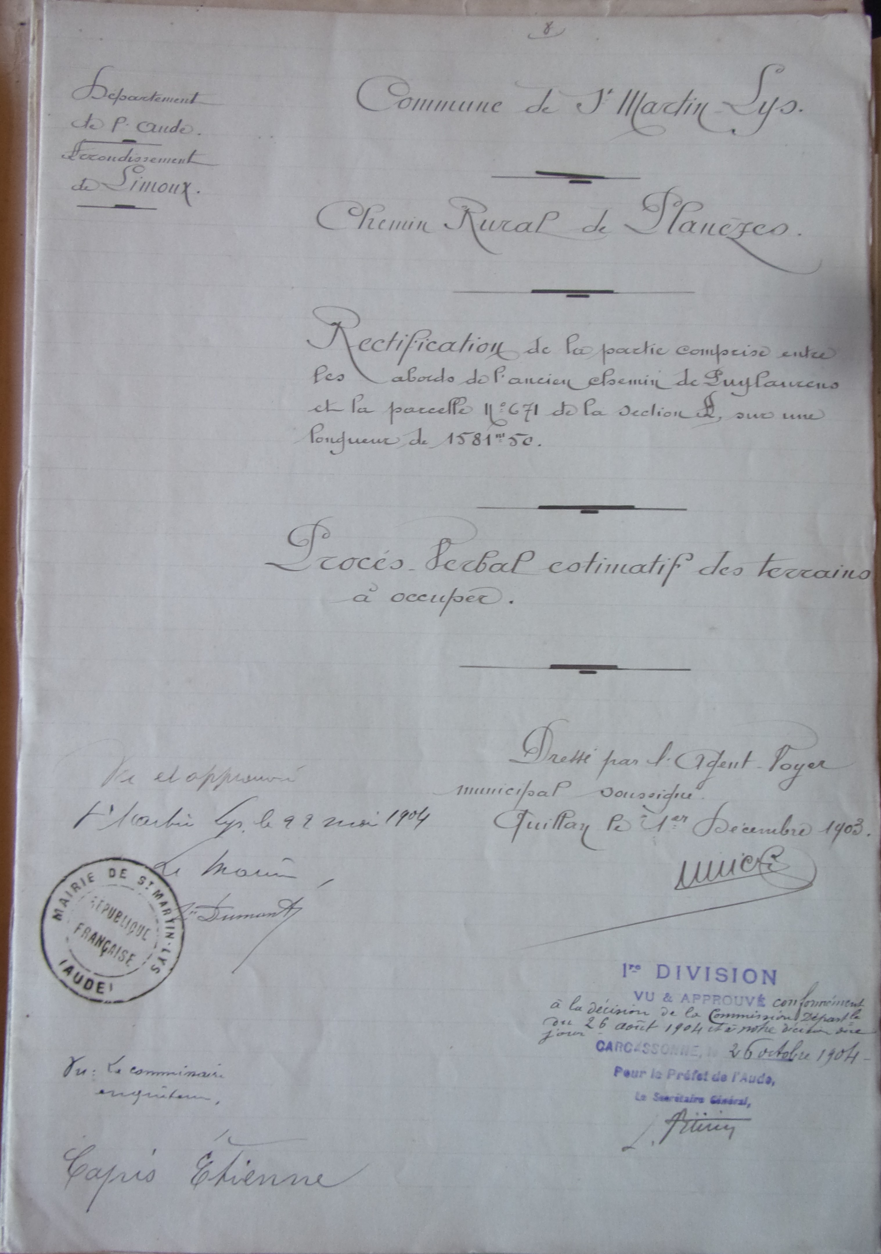 19031201 Procès Verbal estimatif des terrains Construction du chemin rural de Planèzes p1 100_8888